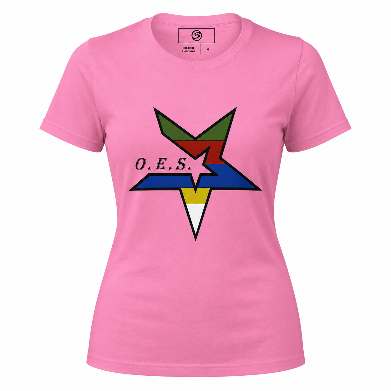 Pink t-shirt with a colorful logo and 'O.E.S.' text on a white background