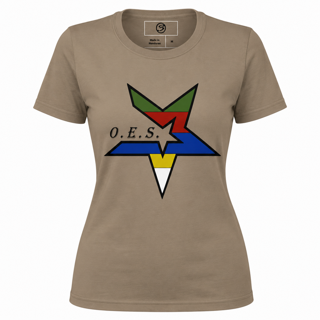 Beige t-shirt with a colorful star design and 'O.E.S.' text on a white background