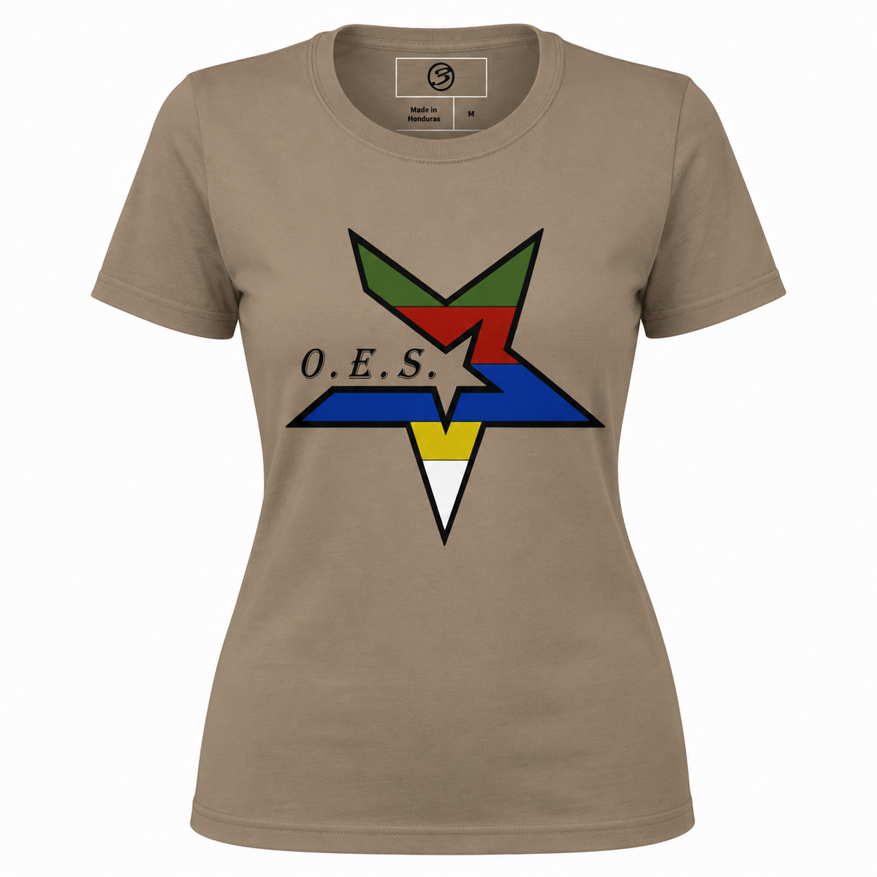 Beige t-shirt with a colorful star design and 'O.E.S.' text on a white background