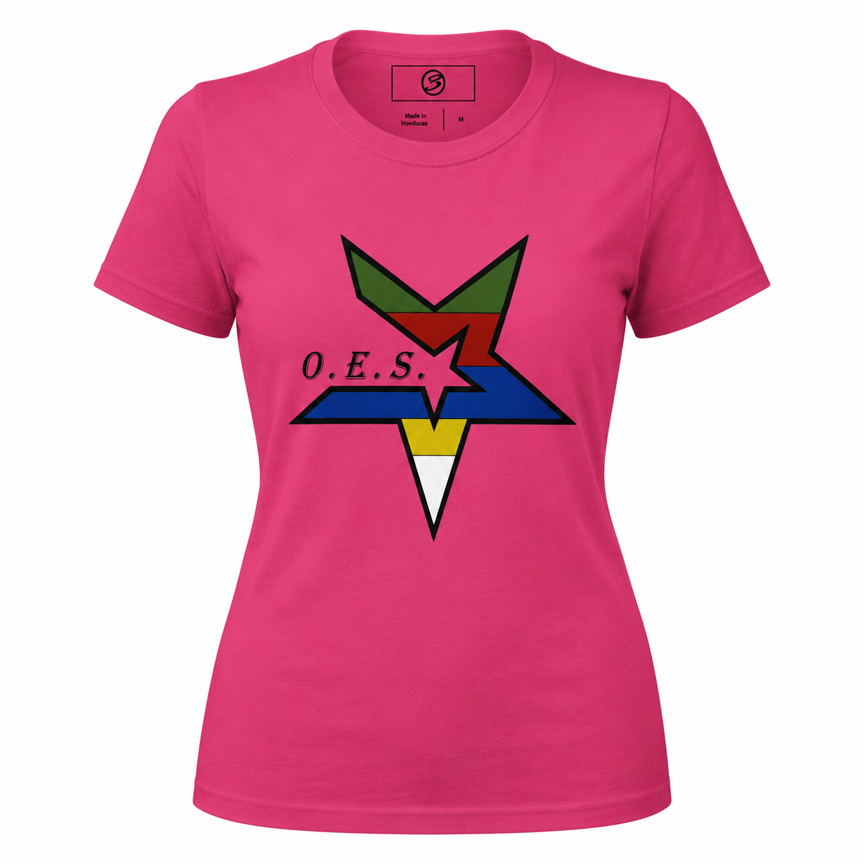Pink t-shirt with a colorful star design and 'O.E.S.' text on a white background