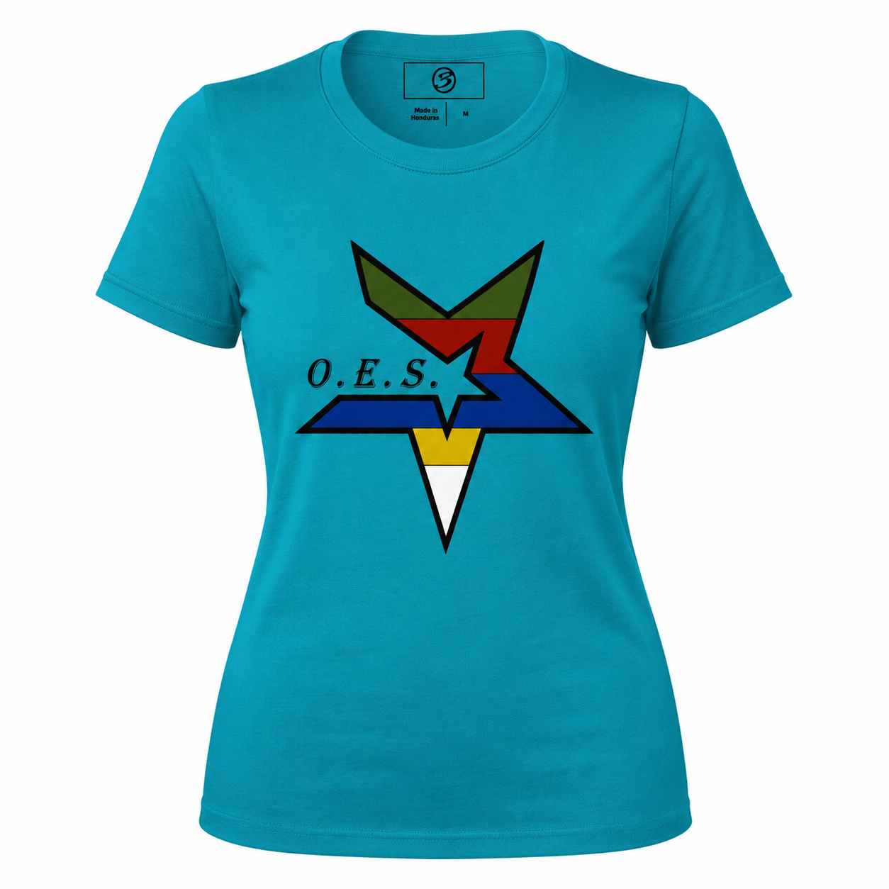 Turquoise t-shirt with a colorful geometric design and 'O.E.S.' text on a white background