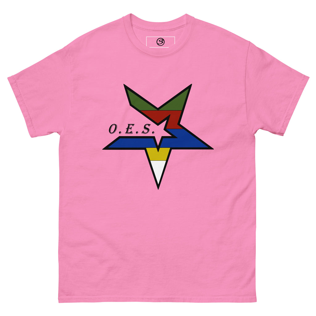 Pink t-shirt with a colorful star design and 'O.E.S.' text on a white background