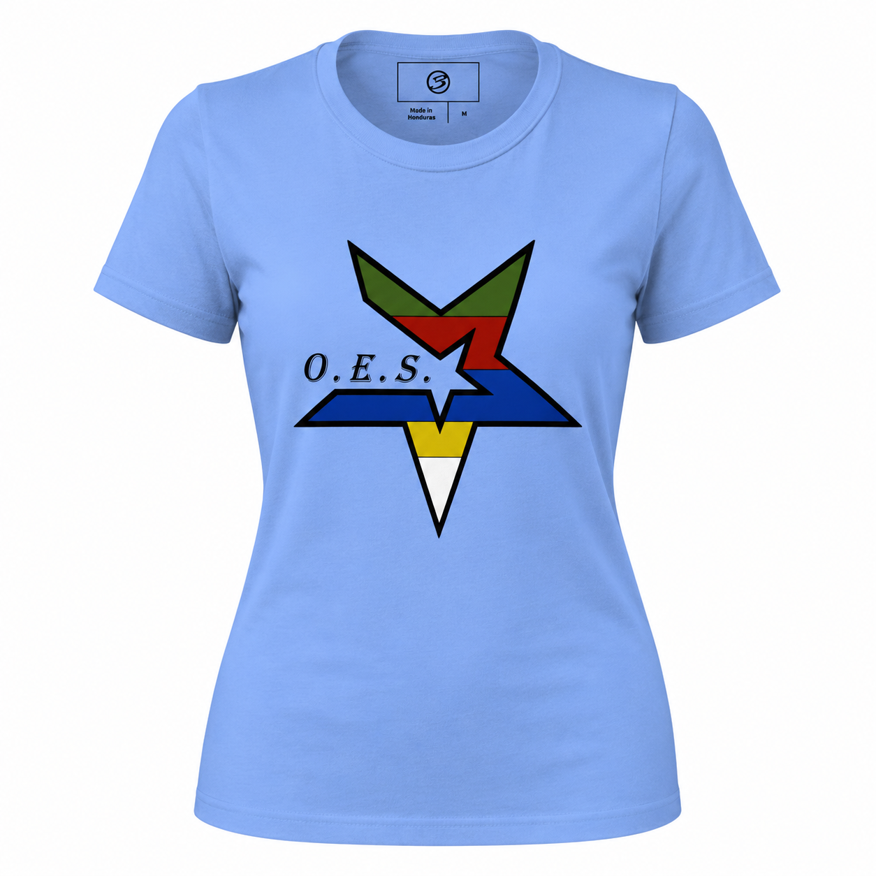 Light blue t-shirt with a colorful logo and 'O.E.S.' text on a white background