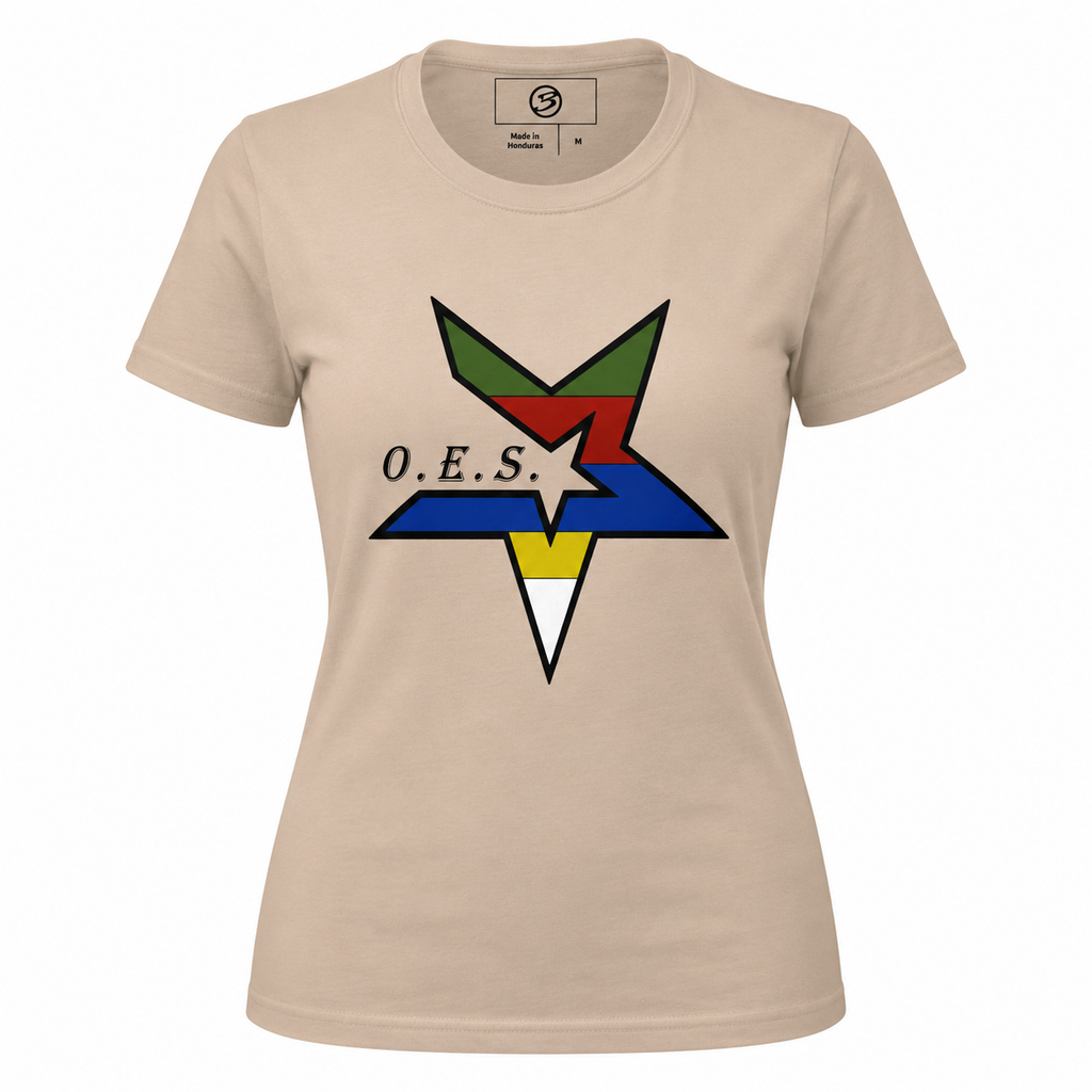 Beige t-shirt with a colorful logo and 'O.E.S.' text on a white background