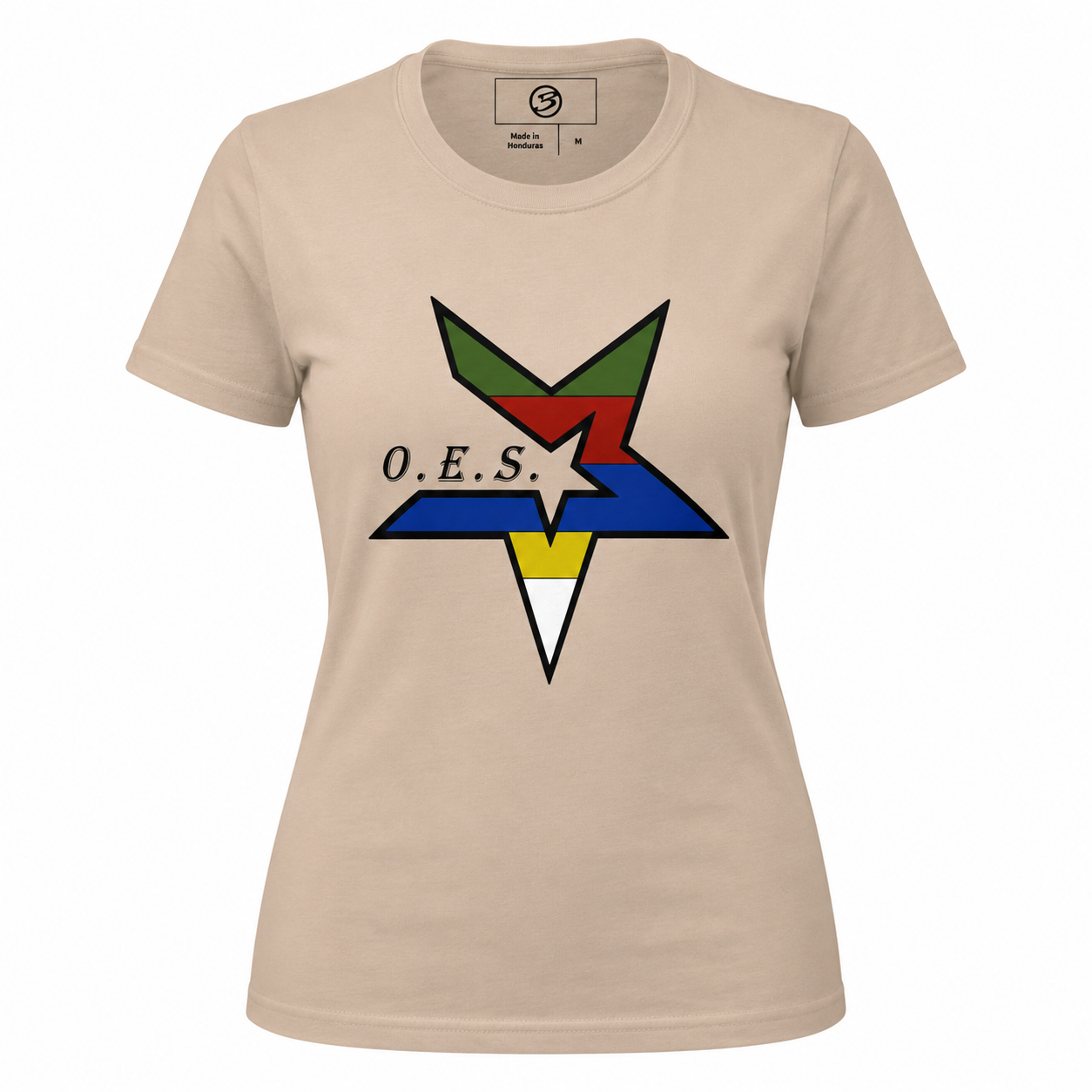 Beige t-shirt with a colorful logo and 'O.E.S.' text on a white background