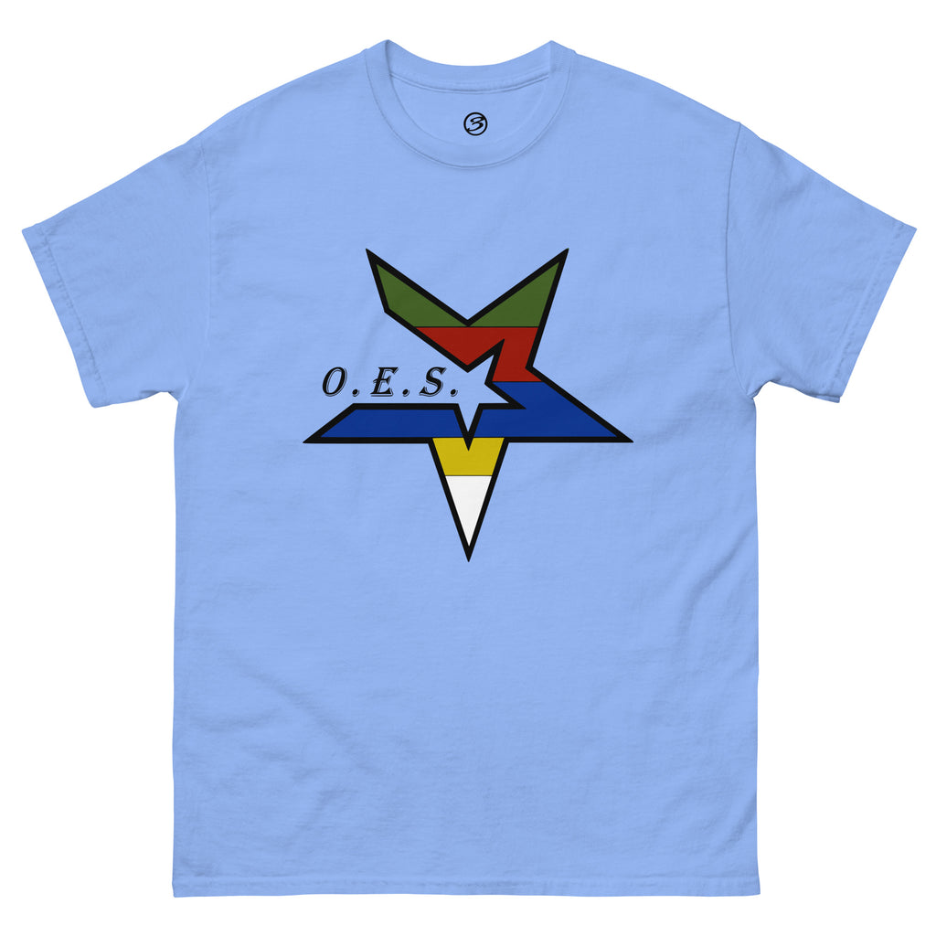 Light blue t-shirt with a colorful logo and 'O.E.S.' text on a white background