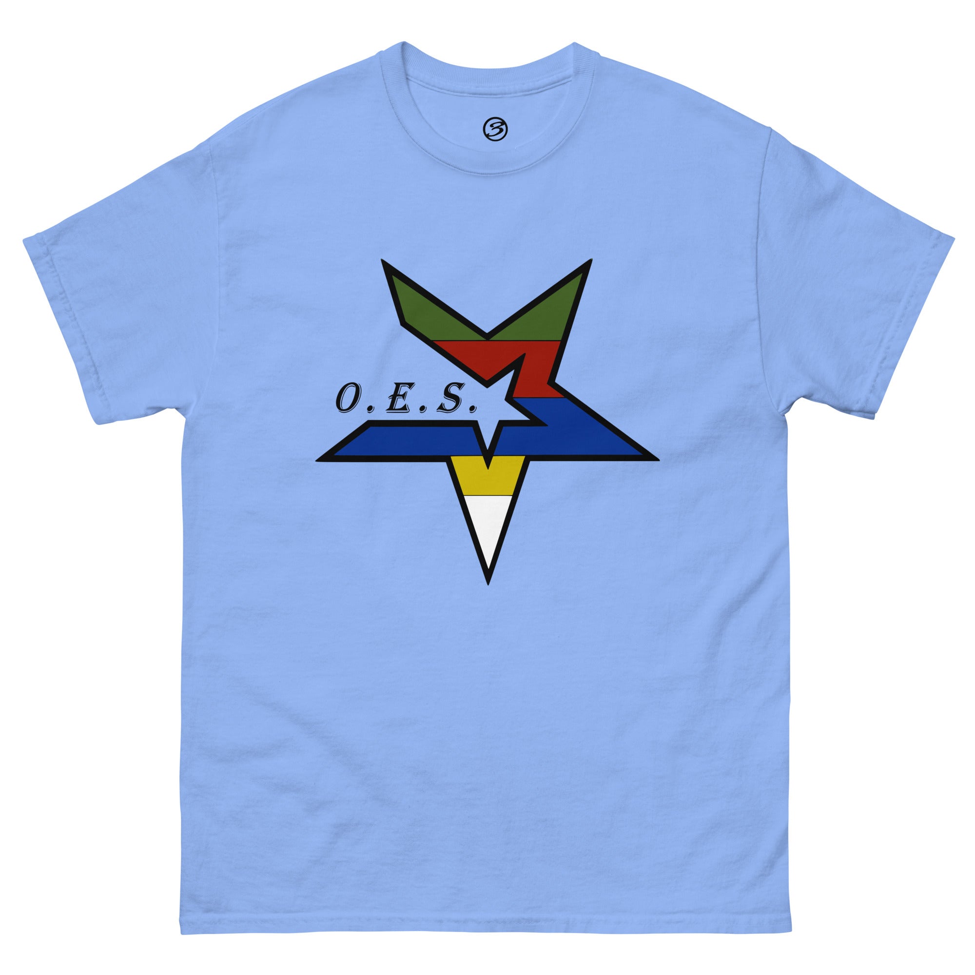 Light blue t-shirt with a colorful logo and 'O.E.S.' text on a white background