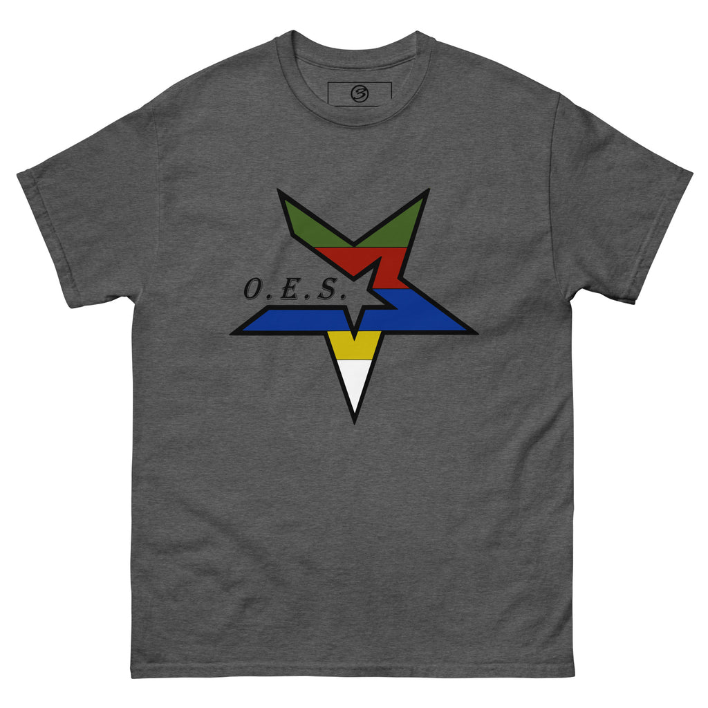 Gray t-shirt with a colorful star design and 'O.E.S.' text on a white background