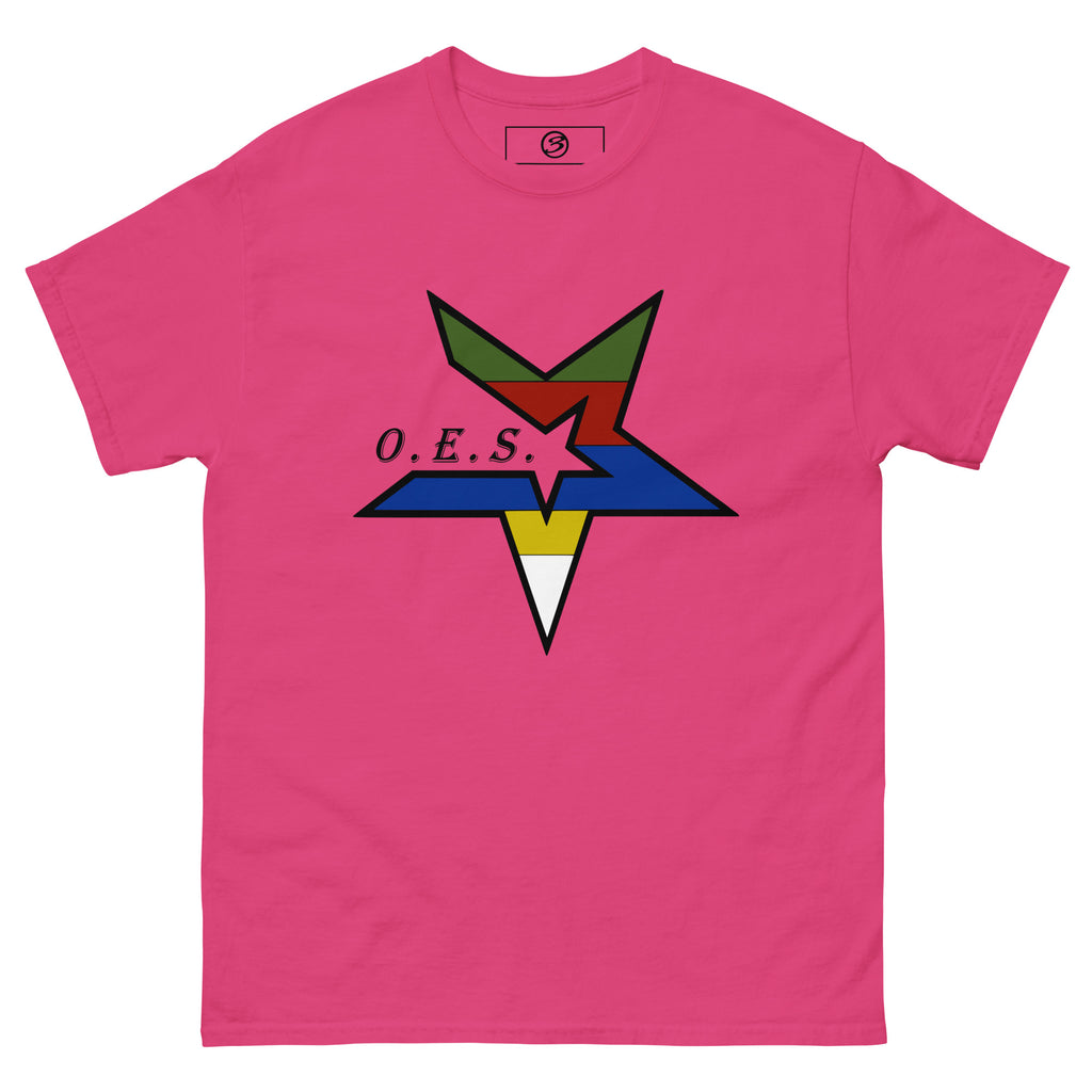 Pink t-shirt with a colorful star design and 'O.E.S.' text on a white background