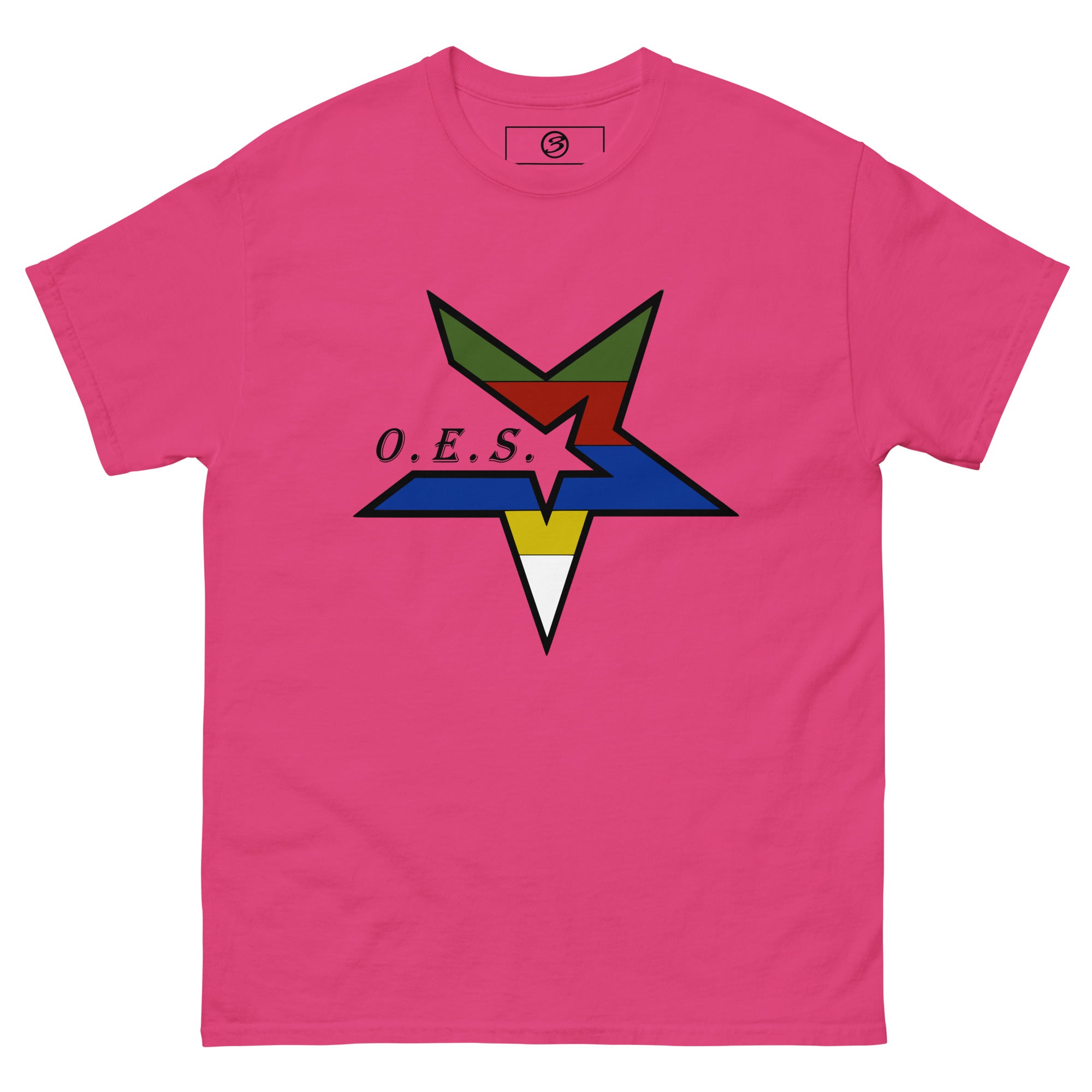 Pink t-shirt with a colorful star design and 'O.E.S.' text on a white background