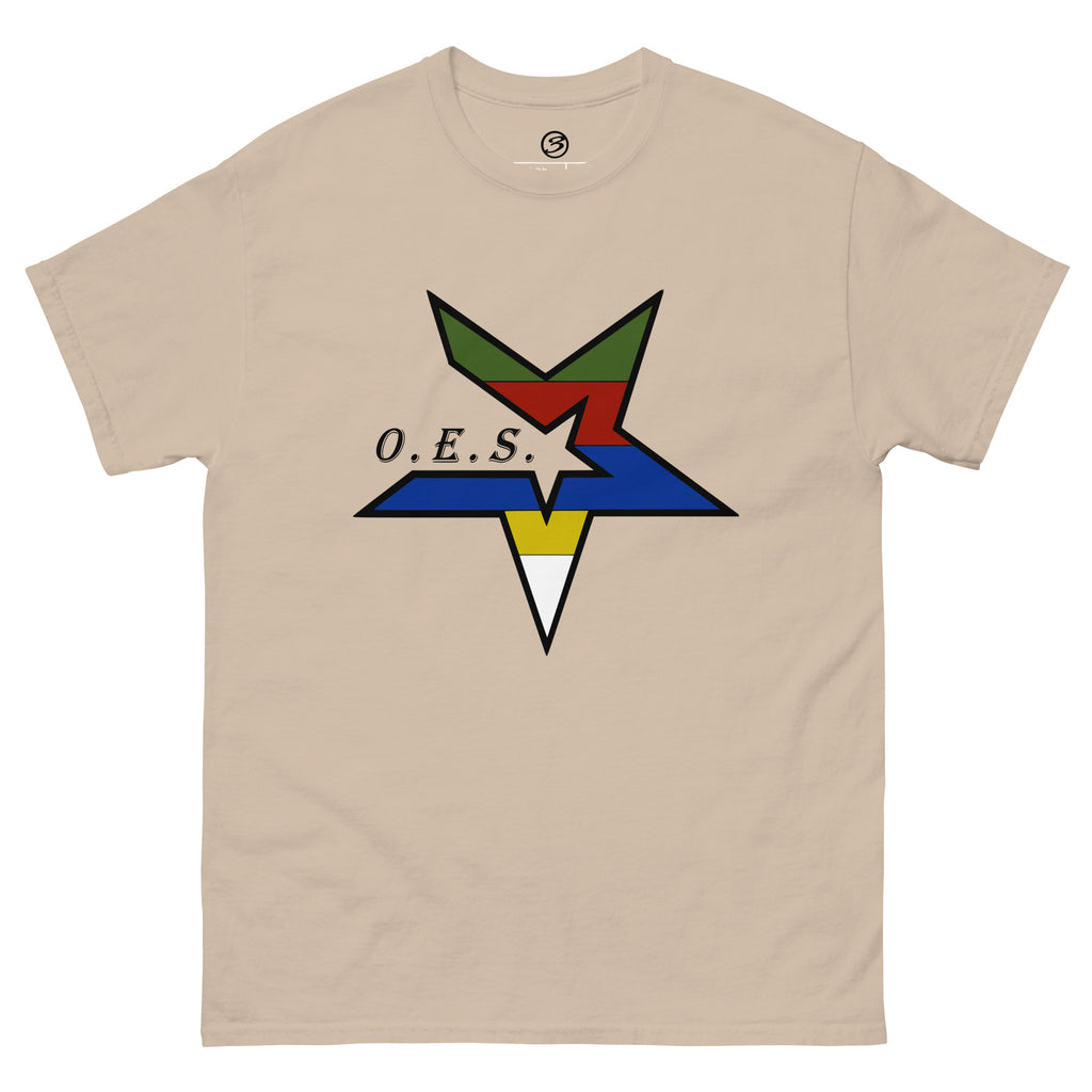Beige t-shirt with a colorful star design and 'O.E.S.' text on a white background