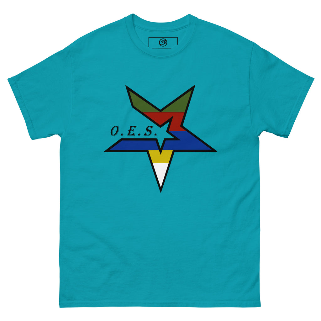 Turquoise t-shirt with a colorful geometric logo and 'O.E.S.' text on a white background