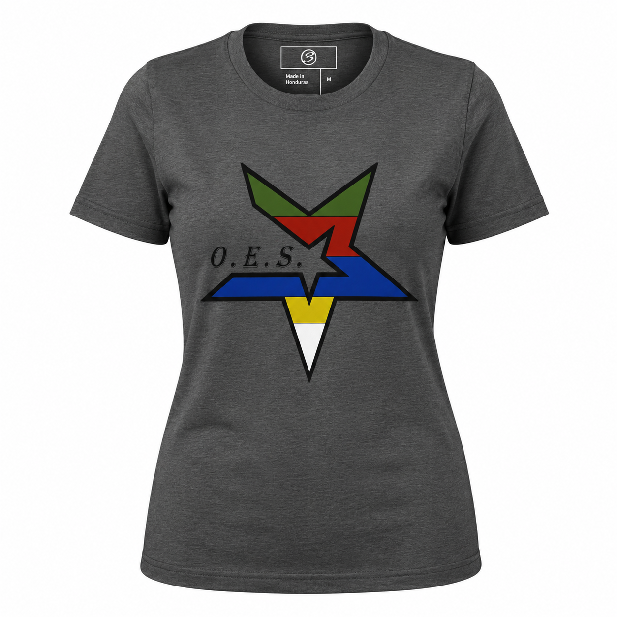 Gray t-shirt with a colorful star design and 'O.E.S.' text on a white background