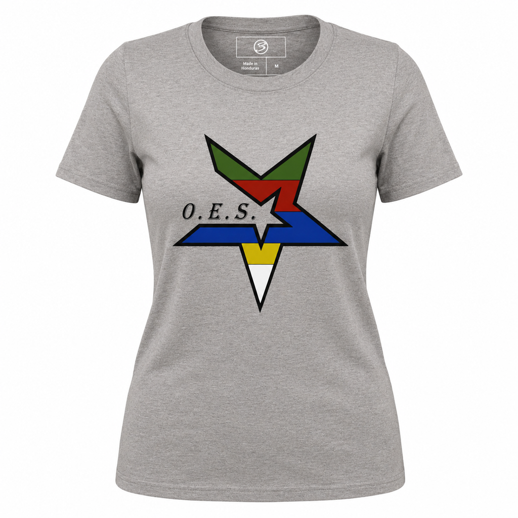 Gray t-shirt with a colorful star design and 'O.E.S.' text on a white background