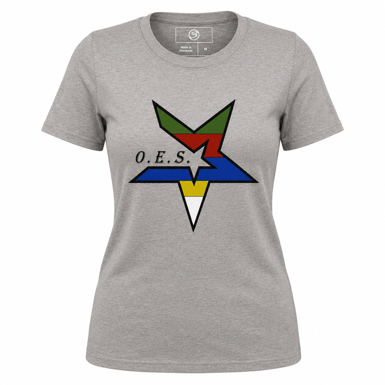 Gray t-shirt with a colorful star design and 'O.E.S.' text on a white background