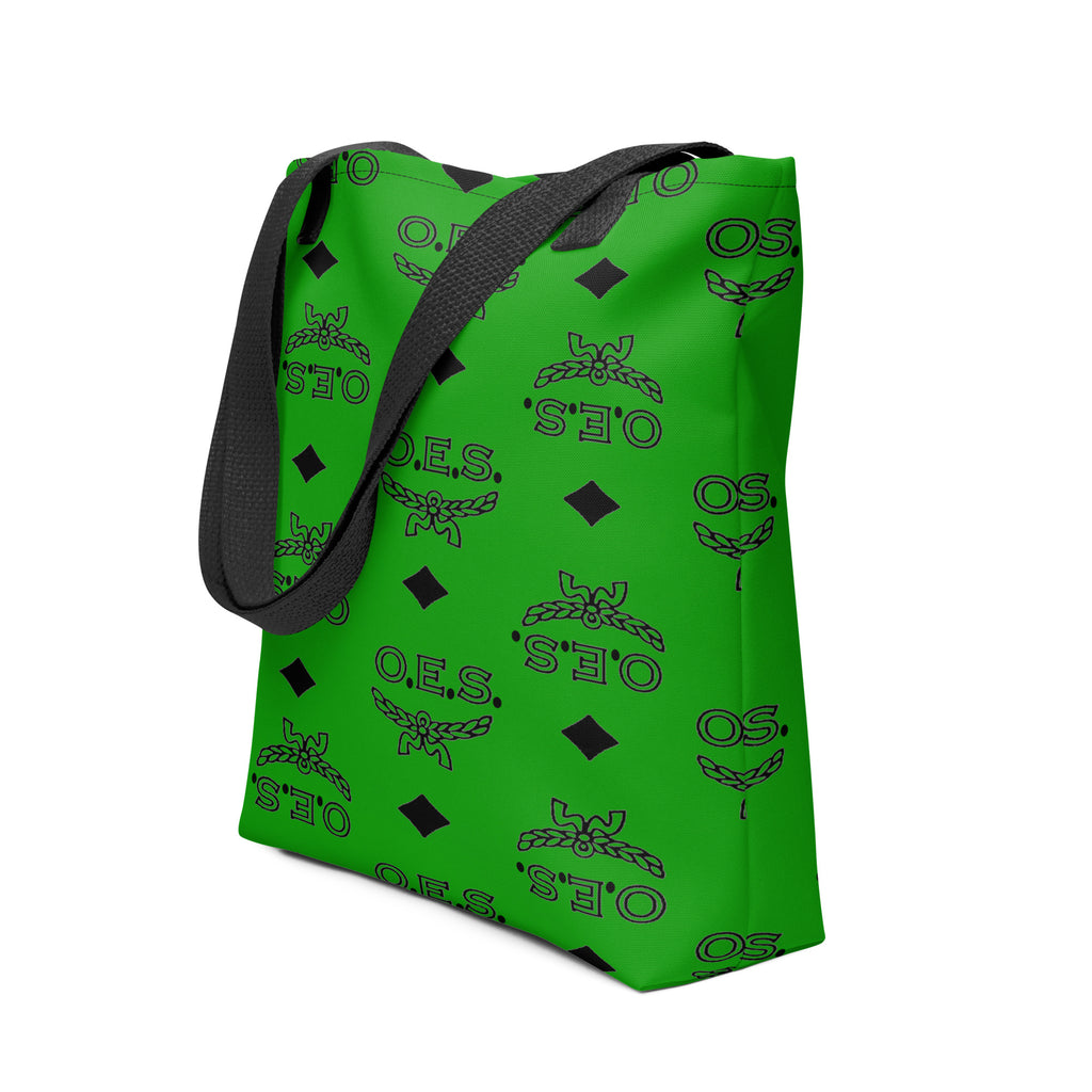 Green bag with black pattern on a white background