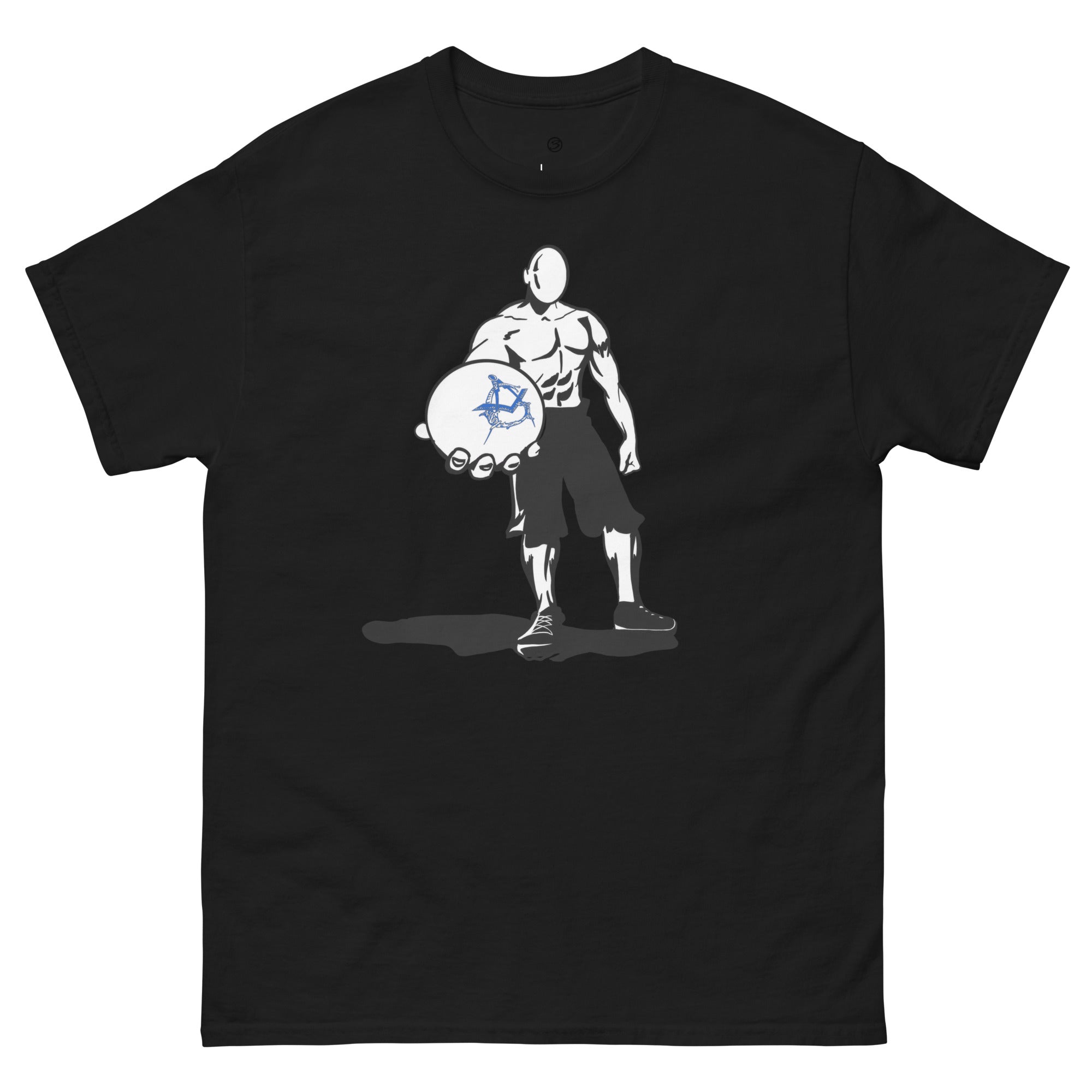 Black t-shirt with a graphic of a muscular figure holding a disc on a white background
