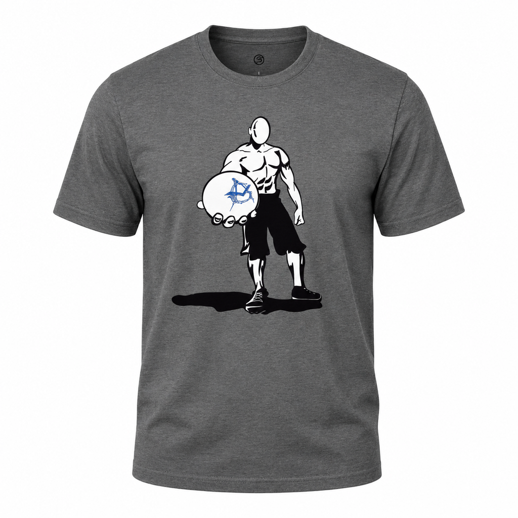 Gray t-shirt with a graphic of a muscular figure holding a drumstick on a white background