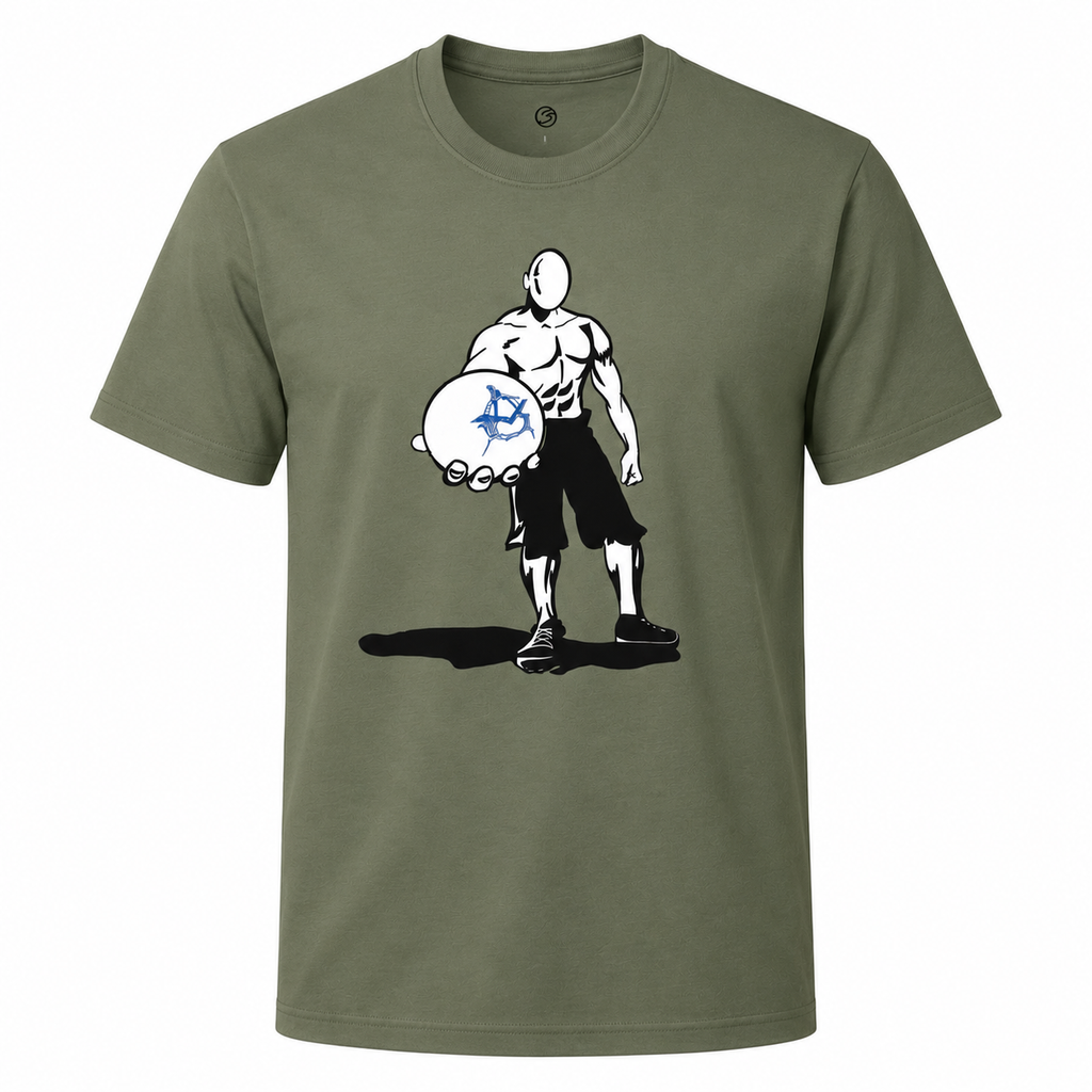 Green t-shirt with graphic design of a muscular figure holding a ball on a white background