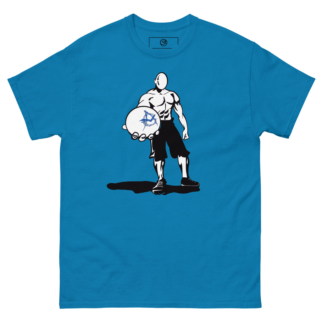 Blue t-shirt with a graphic of a character holding a disc on a white background