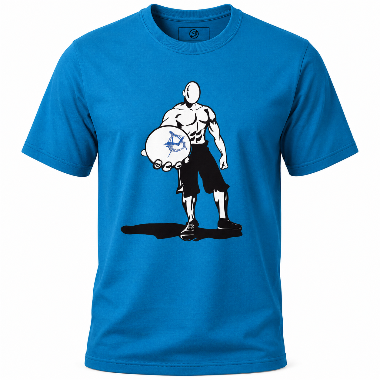 Blue t-shirt with a graphic of a character holding a ball on a white background
