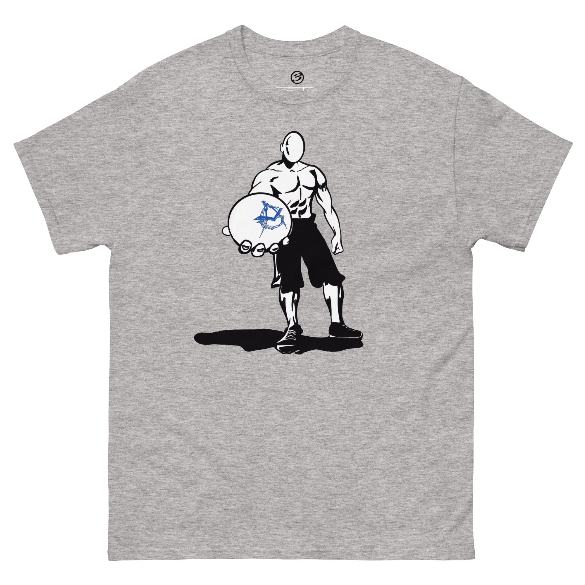 Gray t-shirt with a graphic of a muscular figure holding a disc on a white background