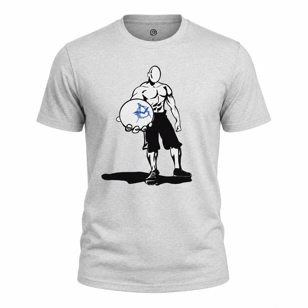 Gray t-shirt with a graphic design of a character holding a disc on a white background