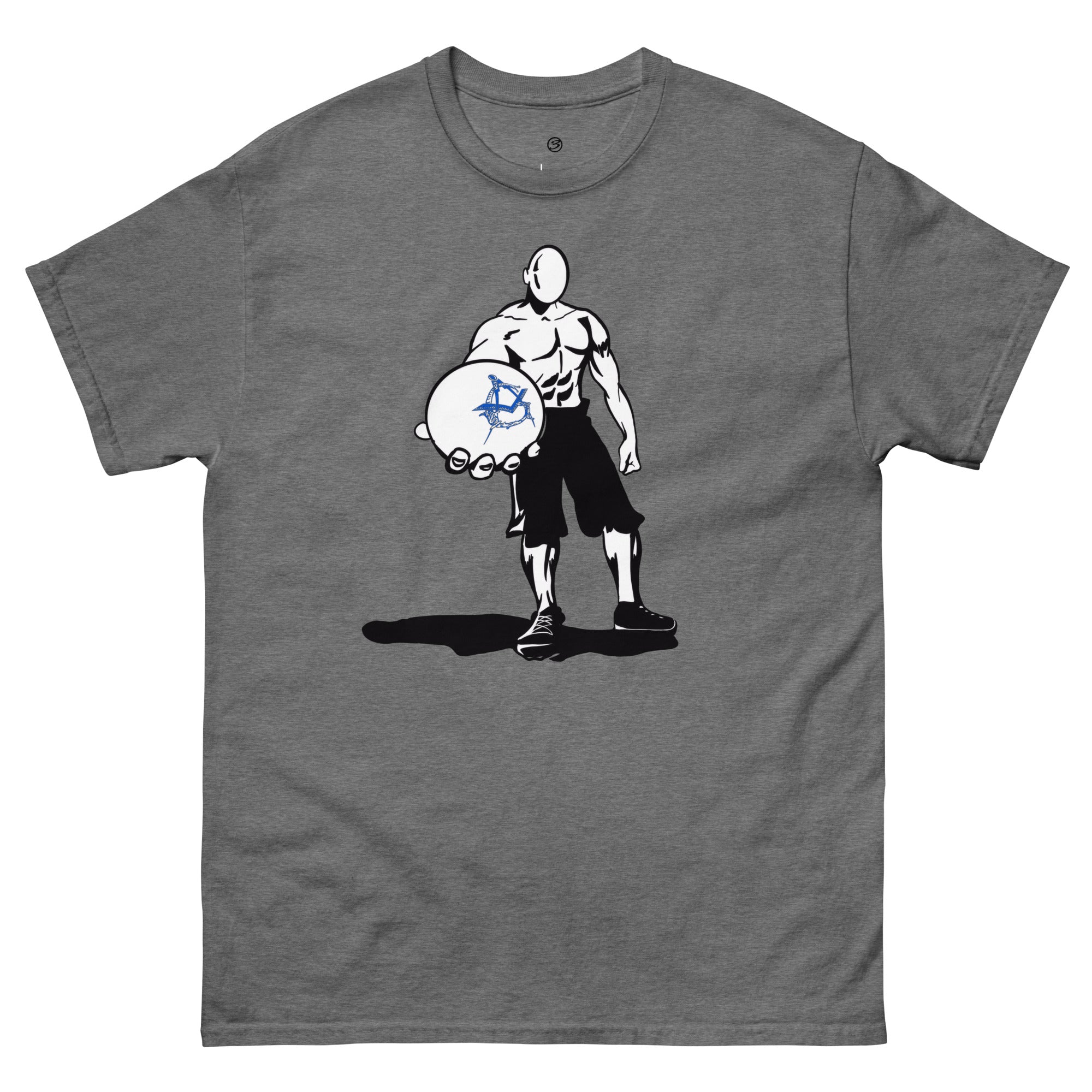 Gray t-shirt with graphic of a character holding a disc on a white background