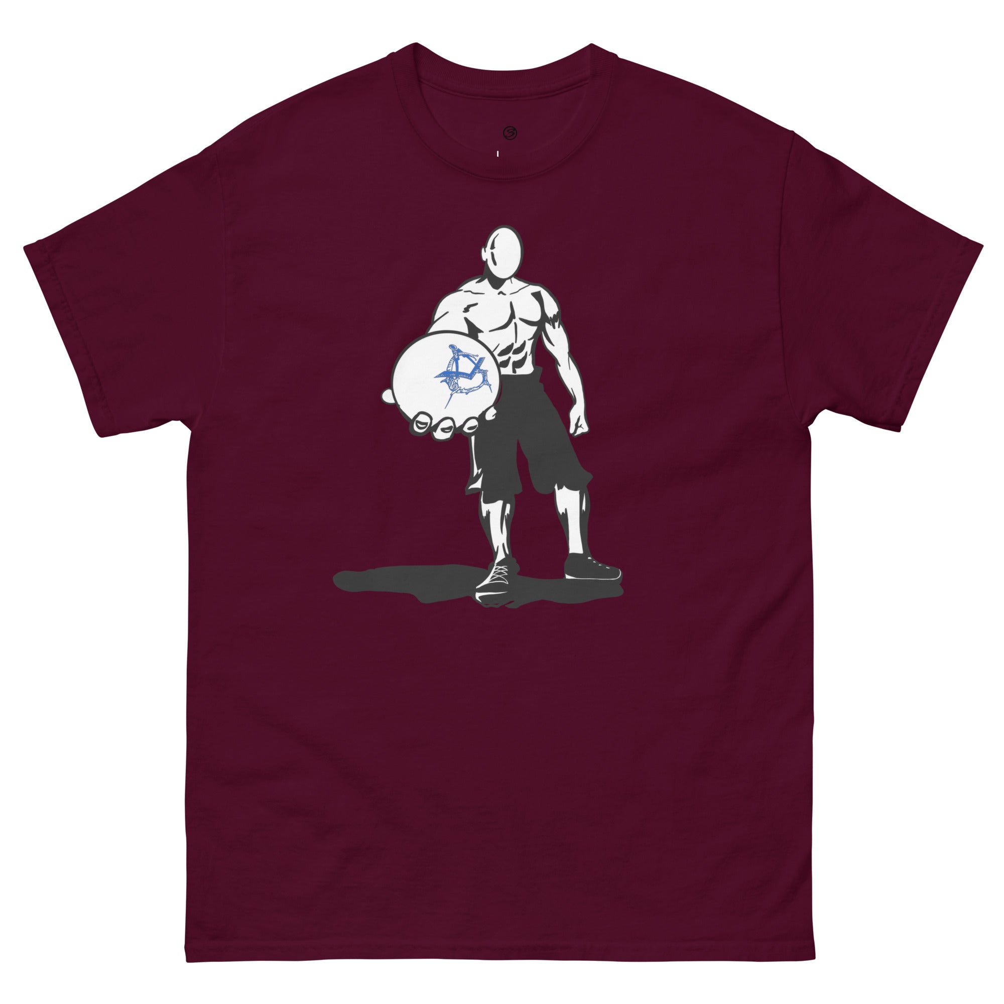Maroon t-shirt with graphic design of a muscular figure holding a wheel on a white background