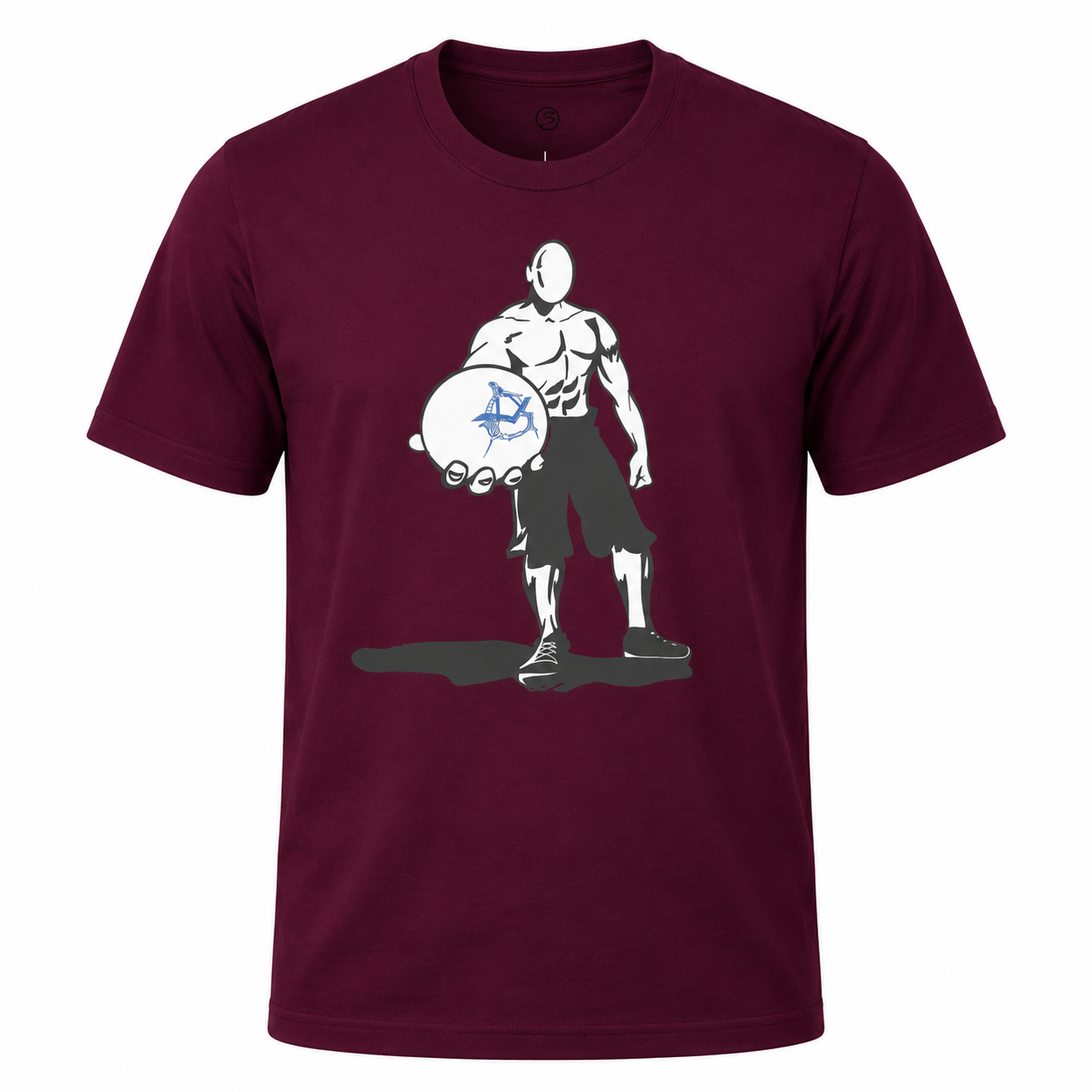 Maroon t-shirt with graphic design of a muscular figure holding a ball on a white background