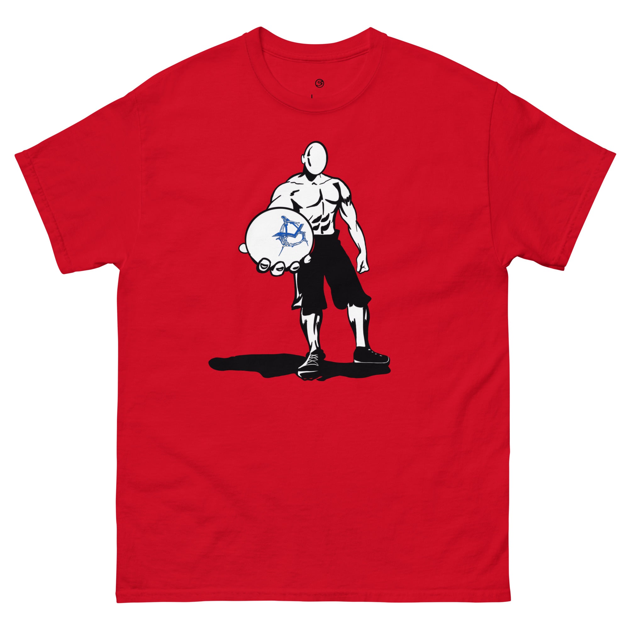 Red t-shirt with a graphic of a character holding a ball on a white background