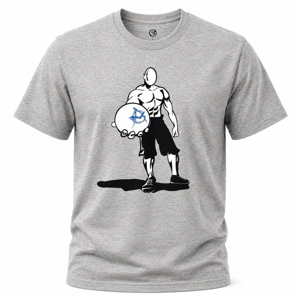 Gray t-shirt with a graphic of a muscular figure holding a disc on a white background