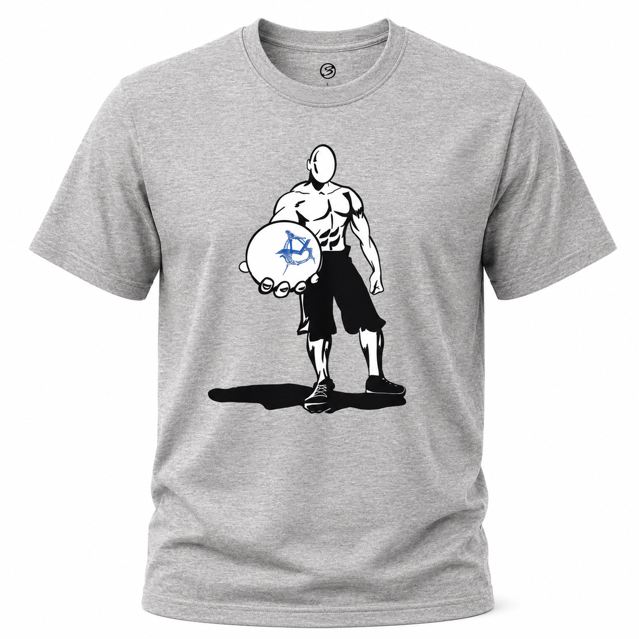 Gray t-shirt with a graphic of a muscular figure holding a disc on a white background