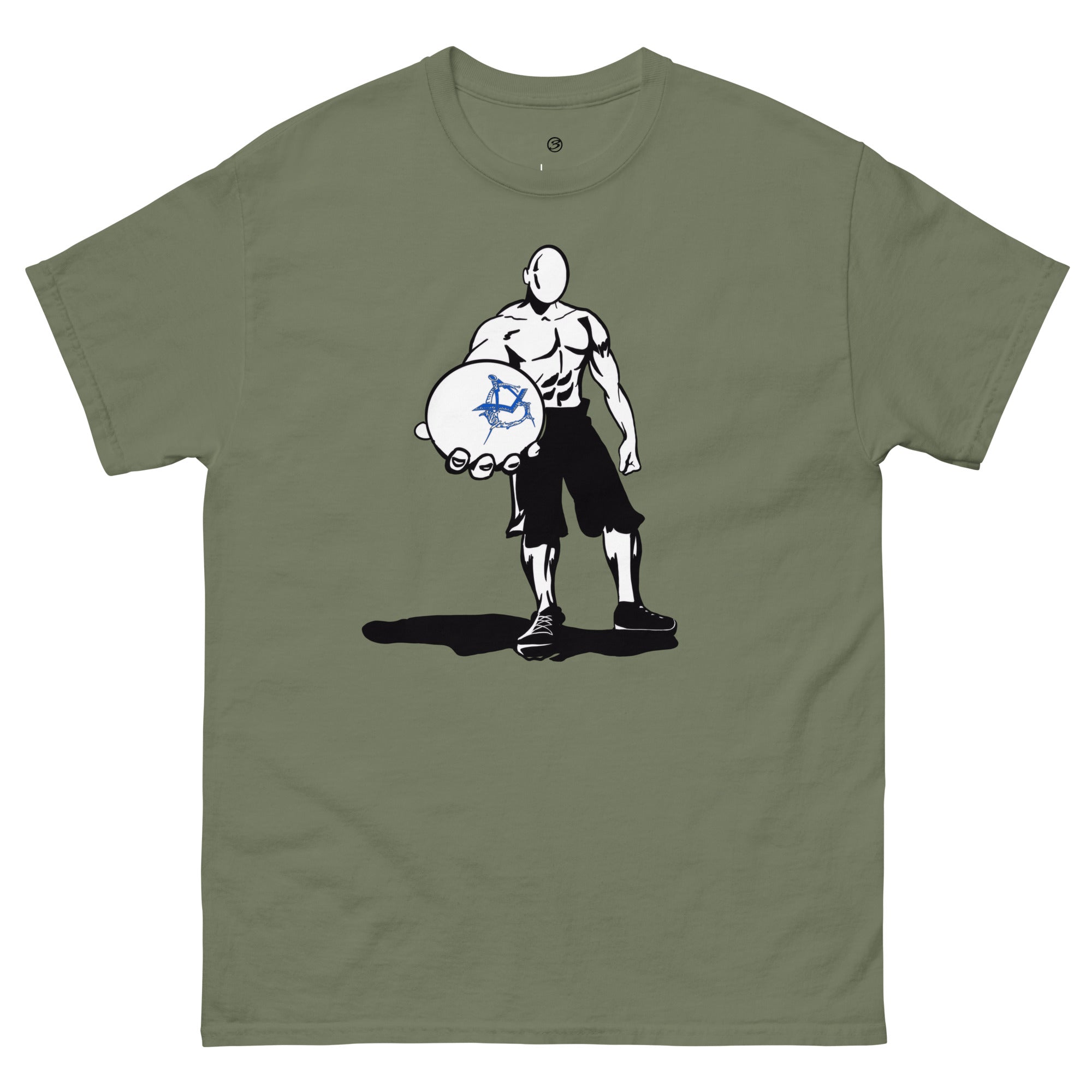 Green t-shirt with graphic of a character holding a ball on a white background