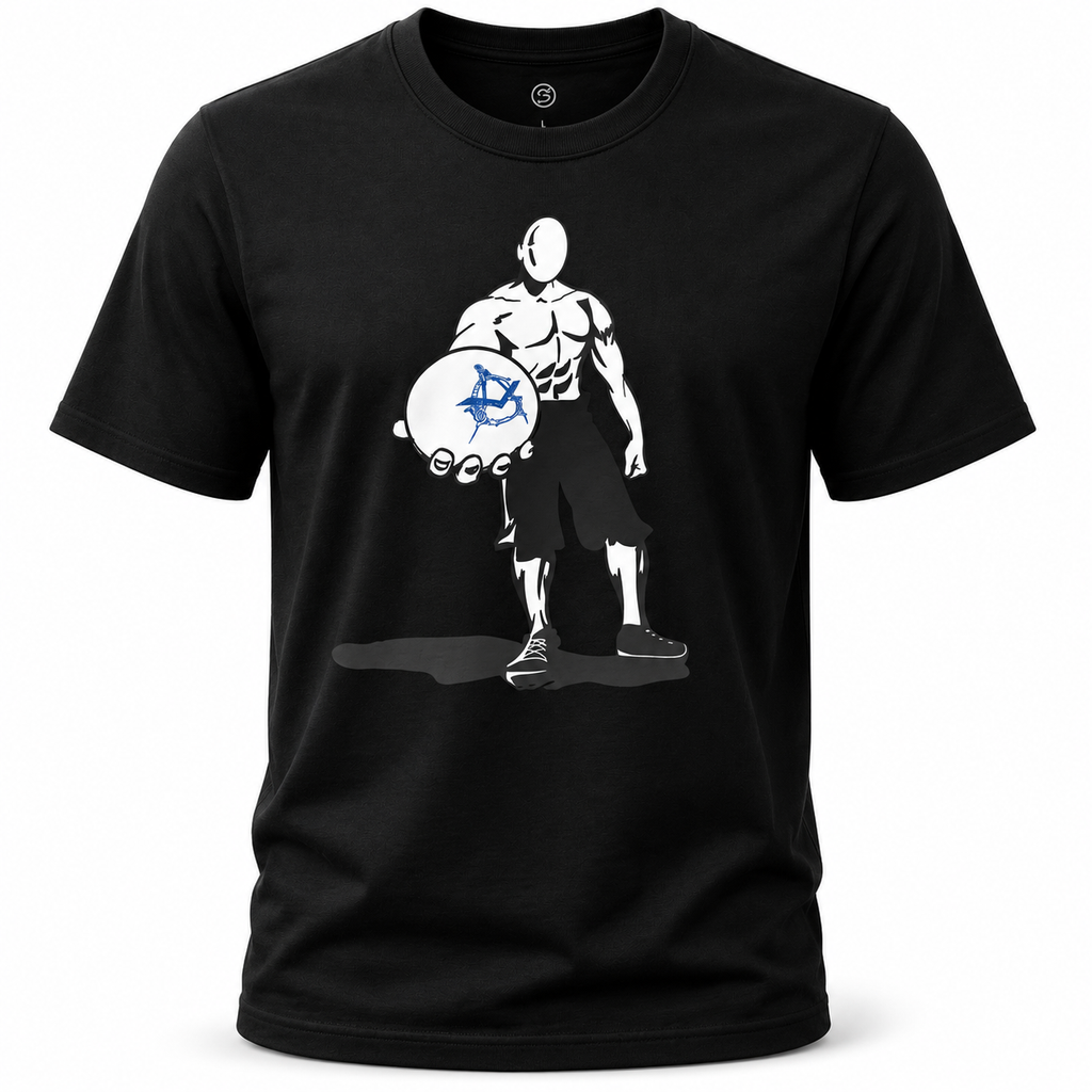 Black t-shirt with a graphic design of a muscular figure holding a shield on a white background