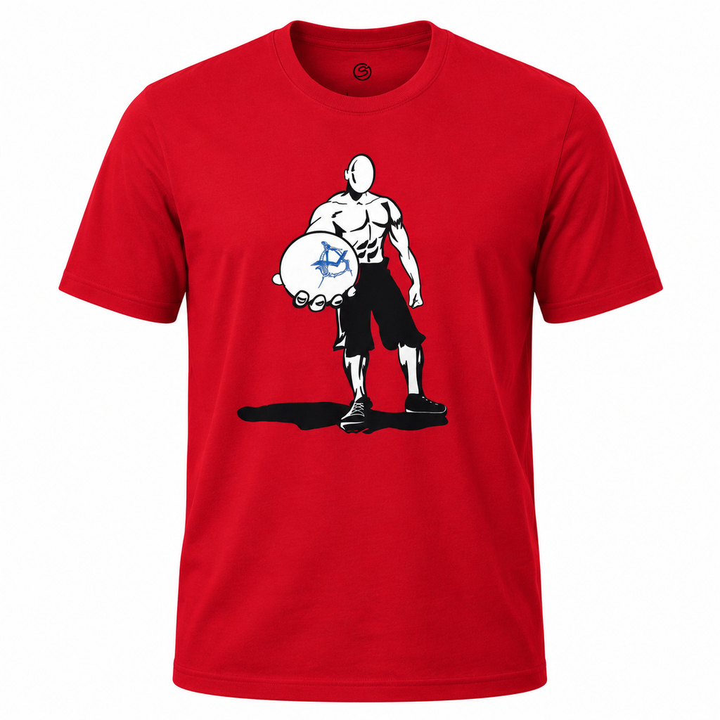 Red t-shirt with graphic design of a character holding a shield on a white background