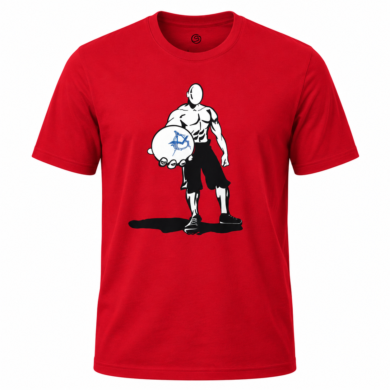 Red t-shirt with graphic design of a character holding a shield on a white background