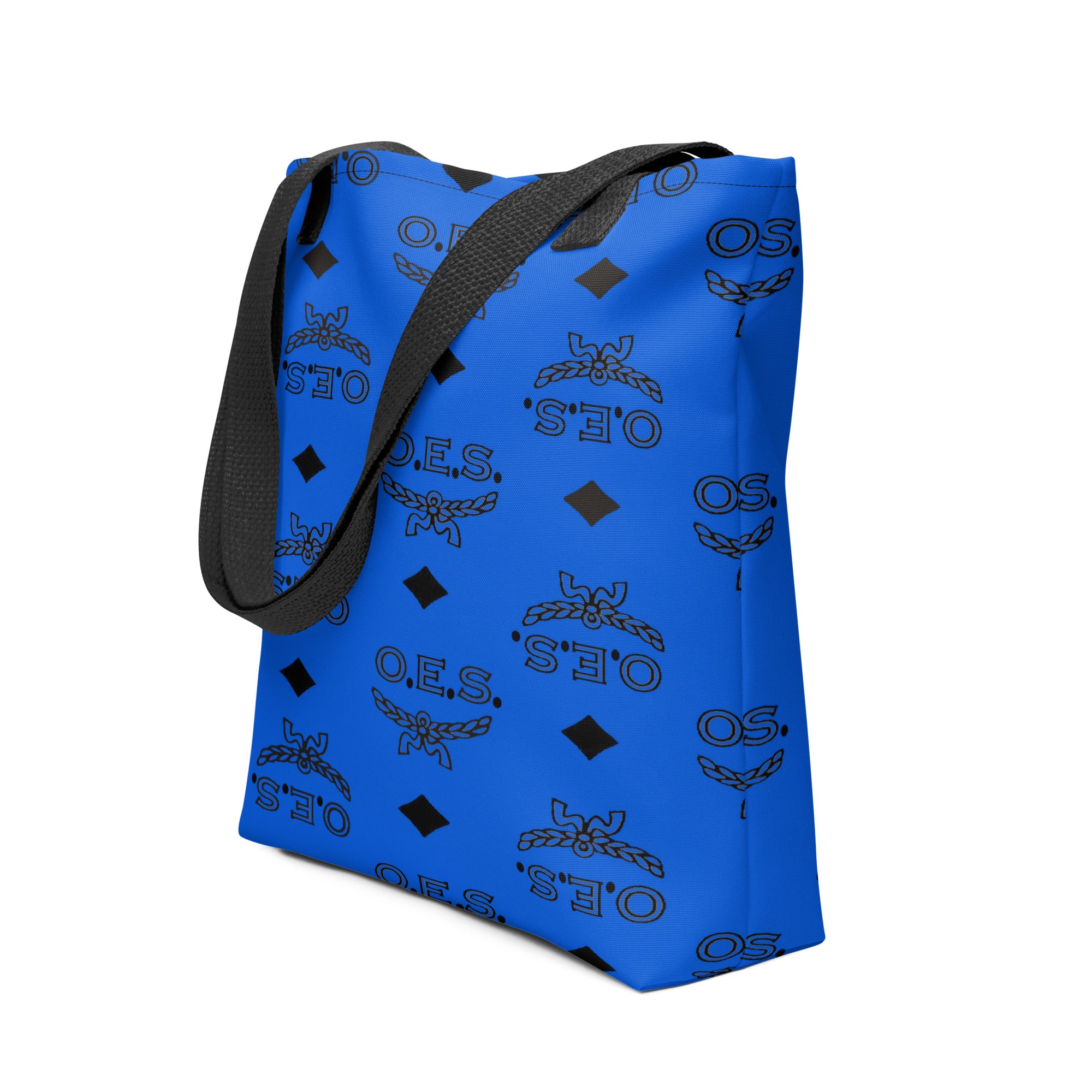 Blue bag with black patterns and strap on a white background