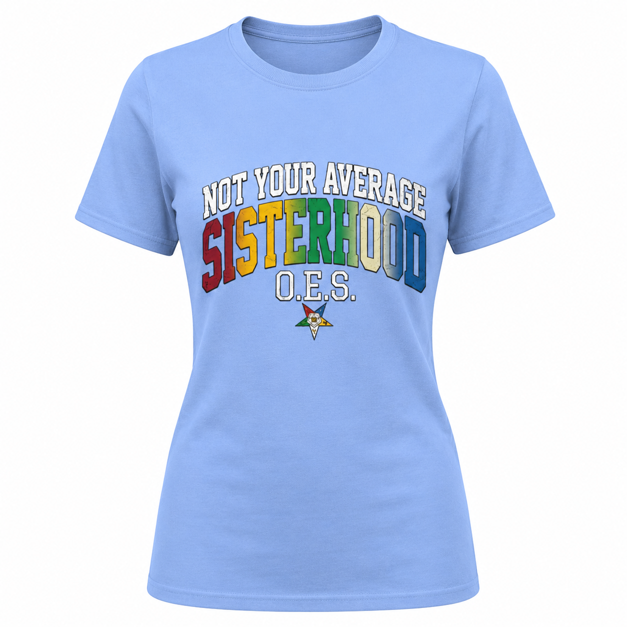 Light blue t-shirt with colorful text and logo on a white background