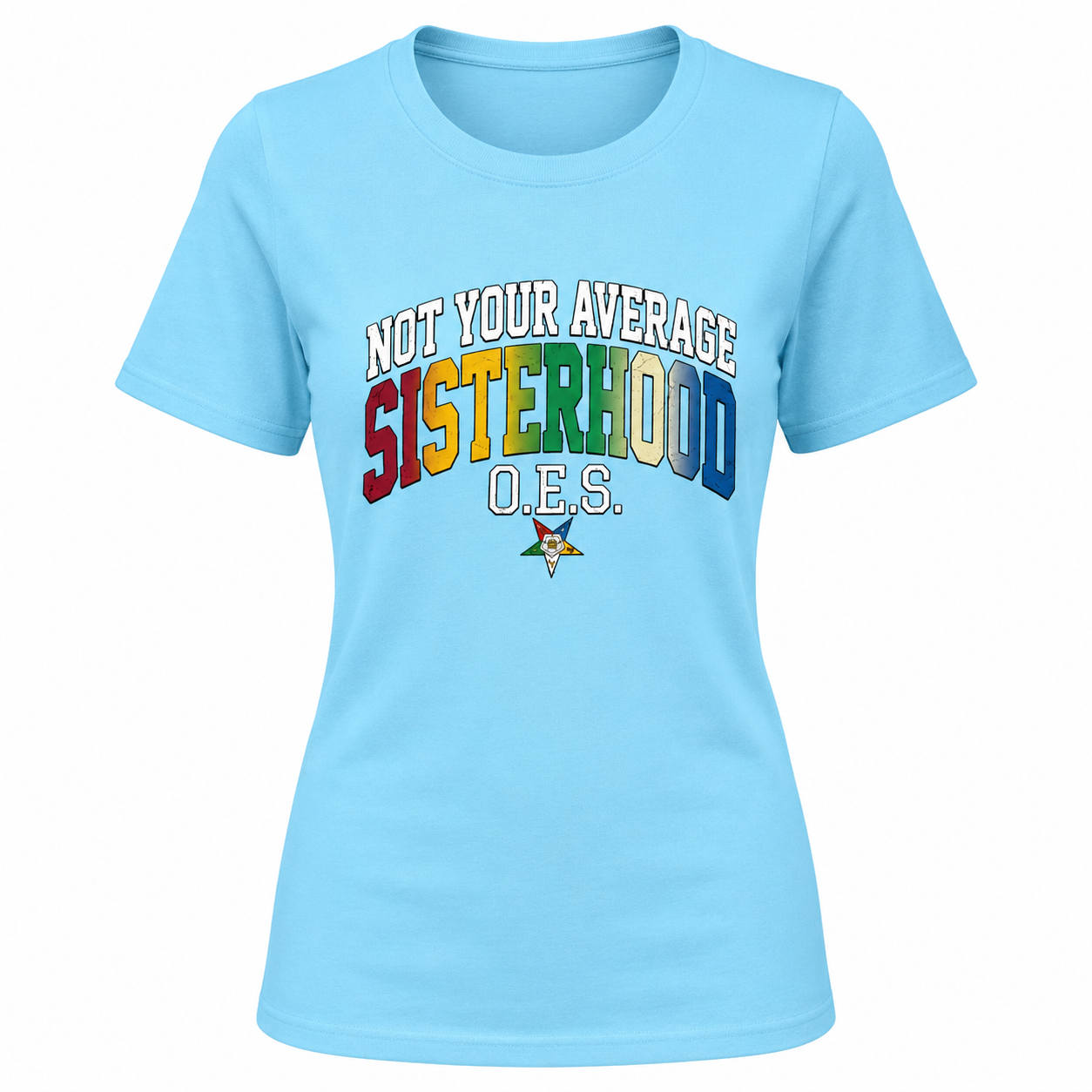 Light blue t-shirt with colorful text and logo on a white background