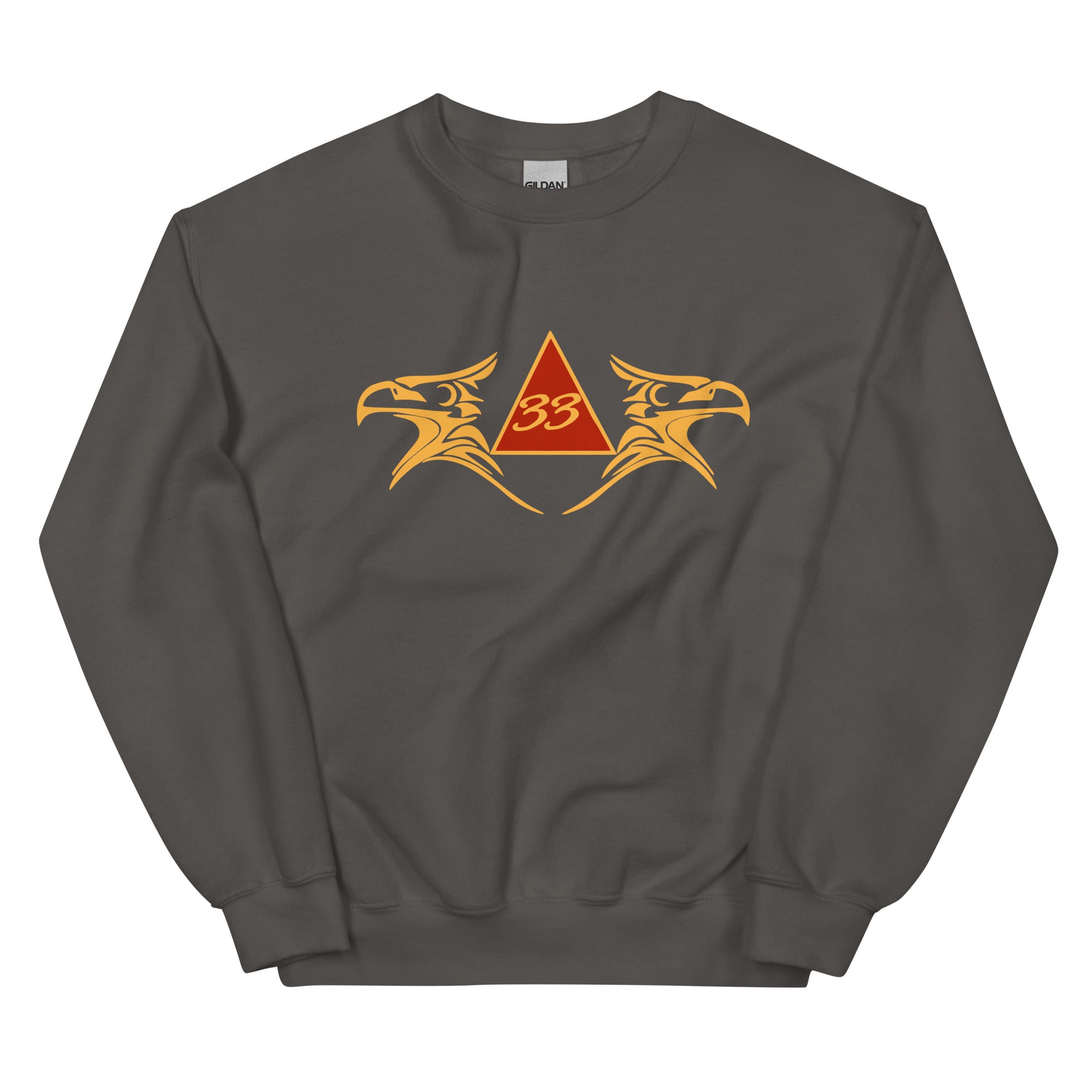 Gray sweatshirt with a red triangle and gold eagle design on a white background