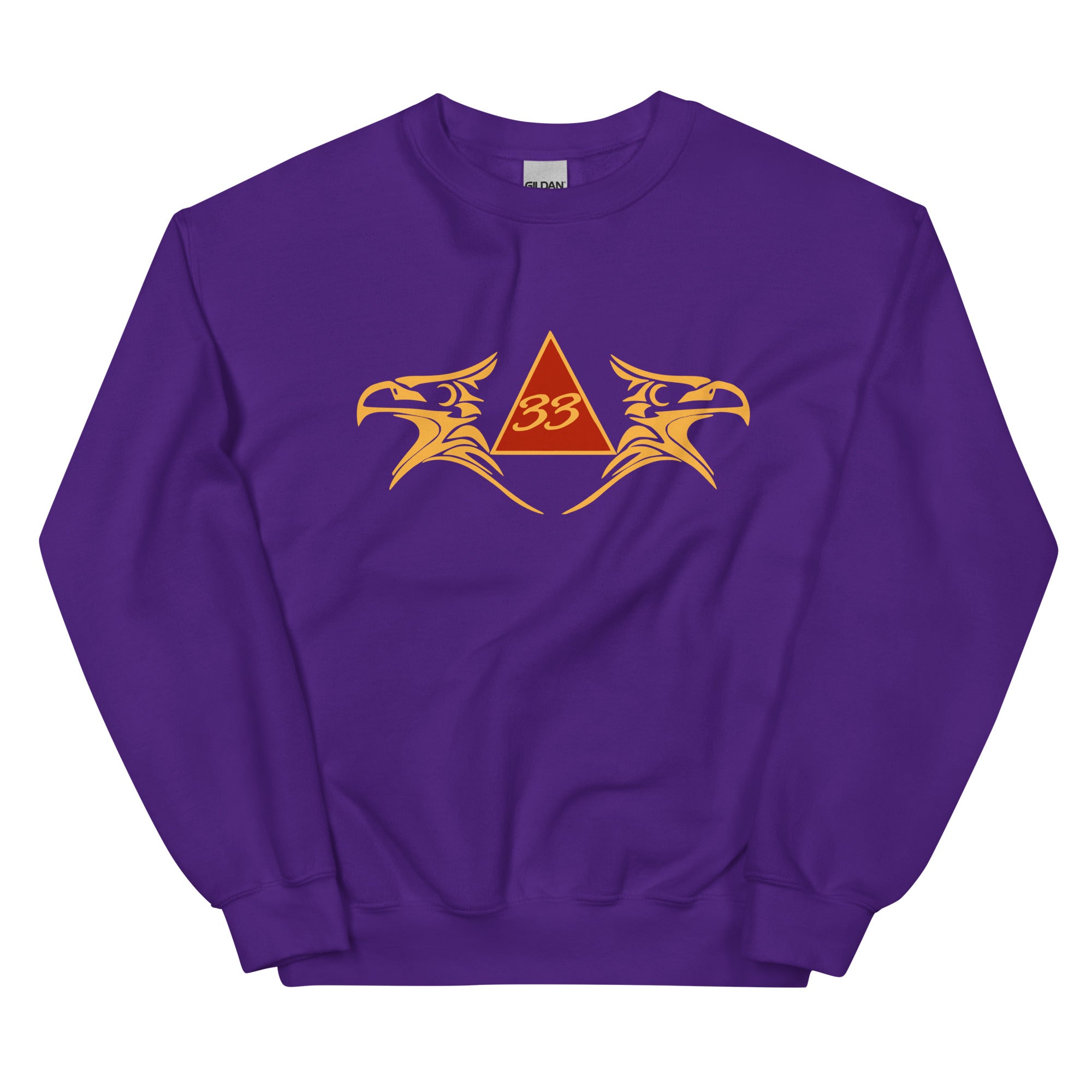 Purple sweatshirt with a logo featuring two eagles and a triangle on a white background