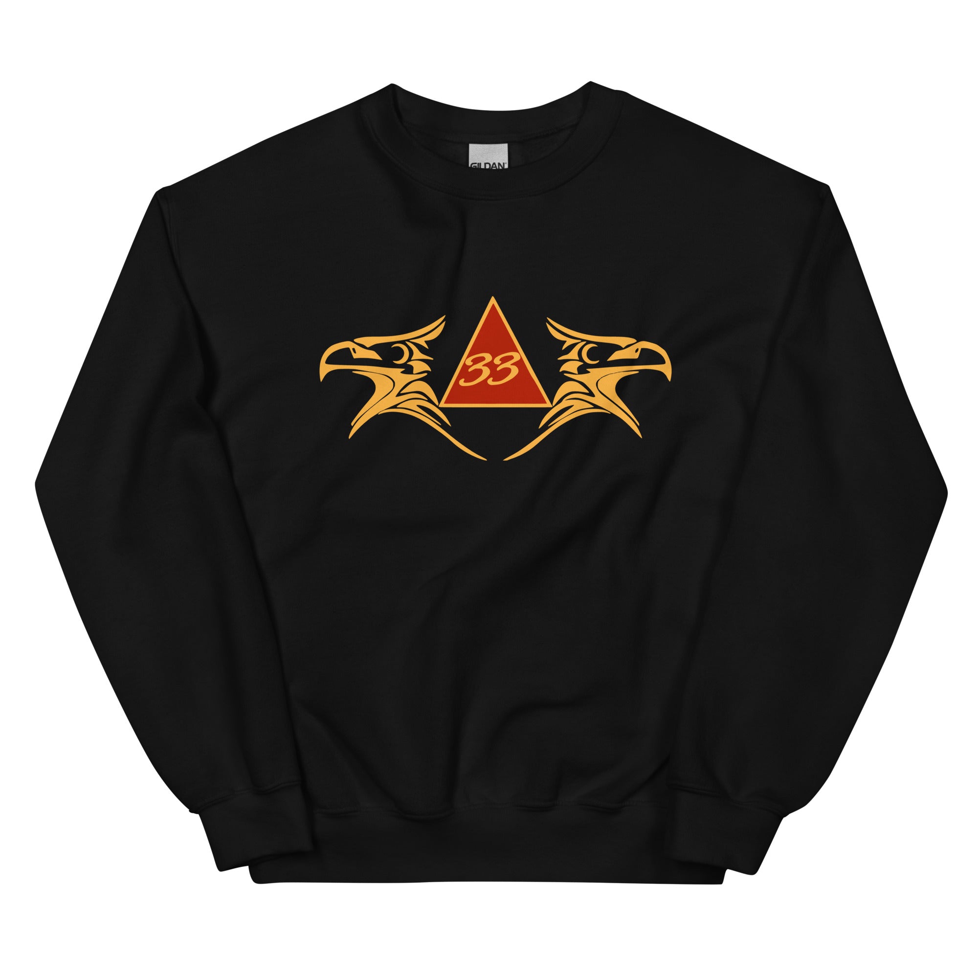 Black sweatshirt with a red triangle and gold eagle design on a white background