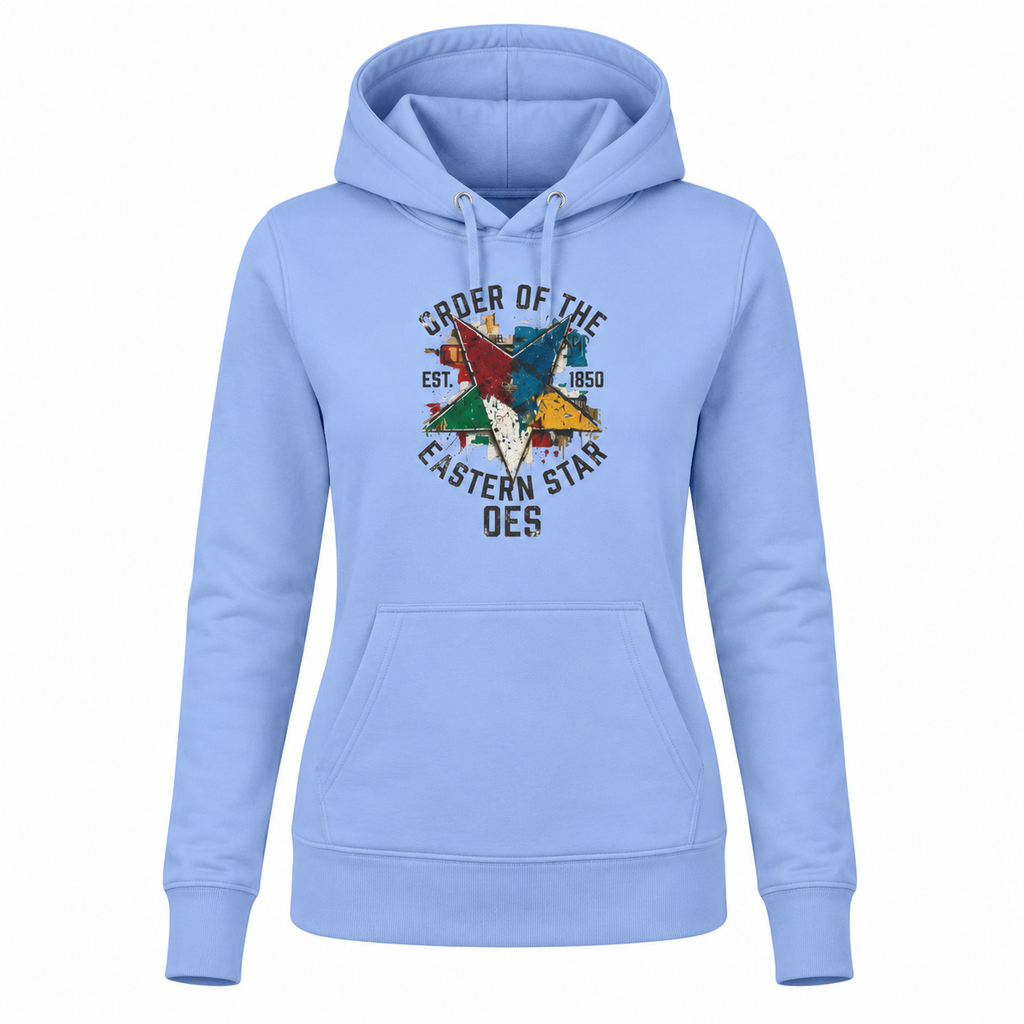 Light blue hoodie with a colorful graphic and text on a white background