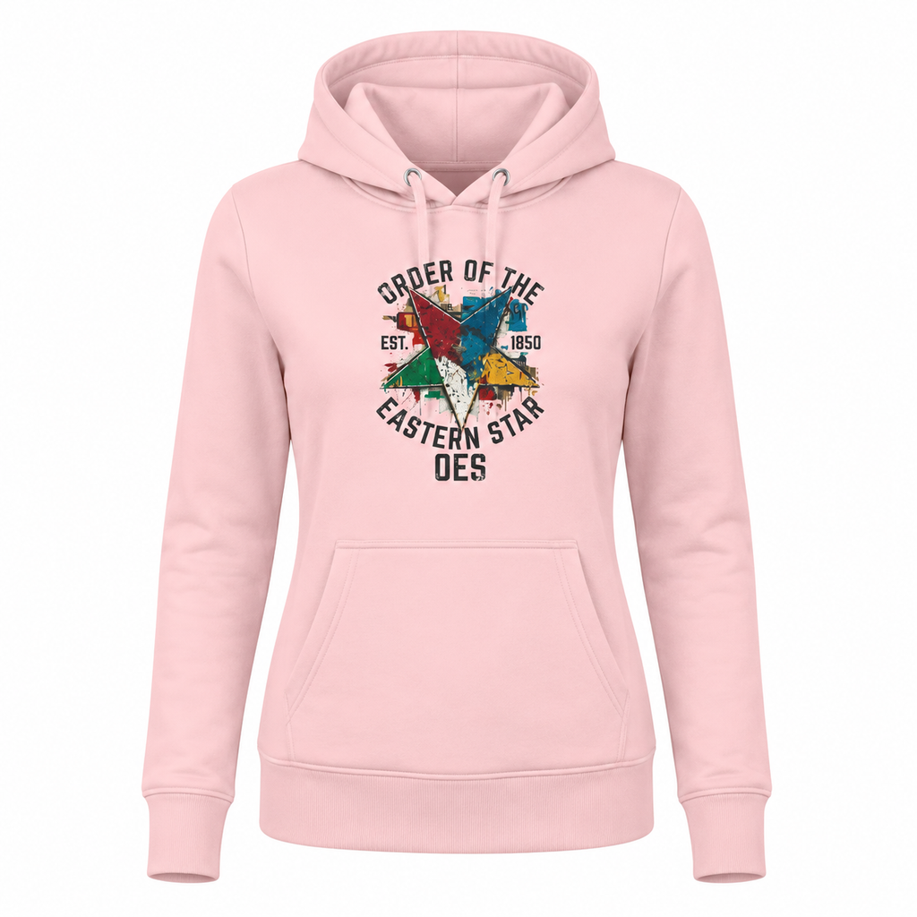Pink hoodie with colorful graphic and text on a white background