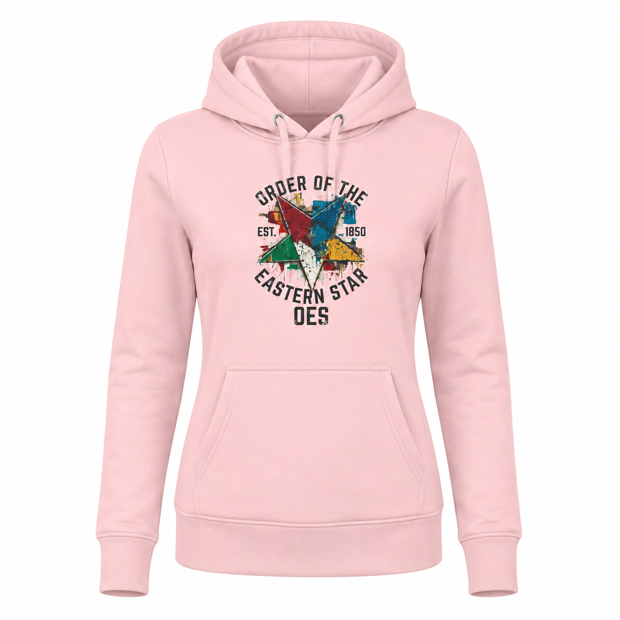 Pink hoodie with colorful graphic and text on a white background