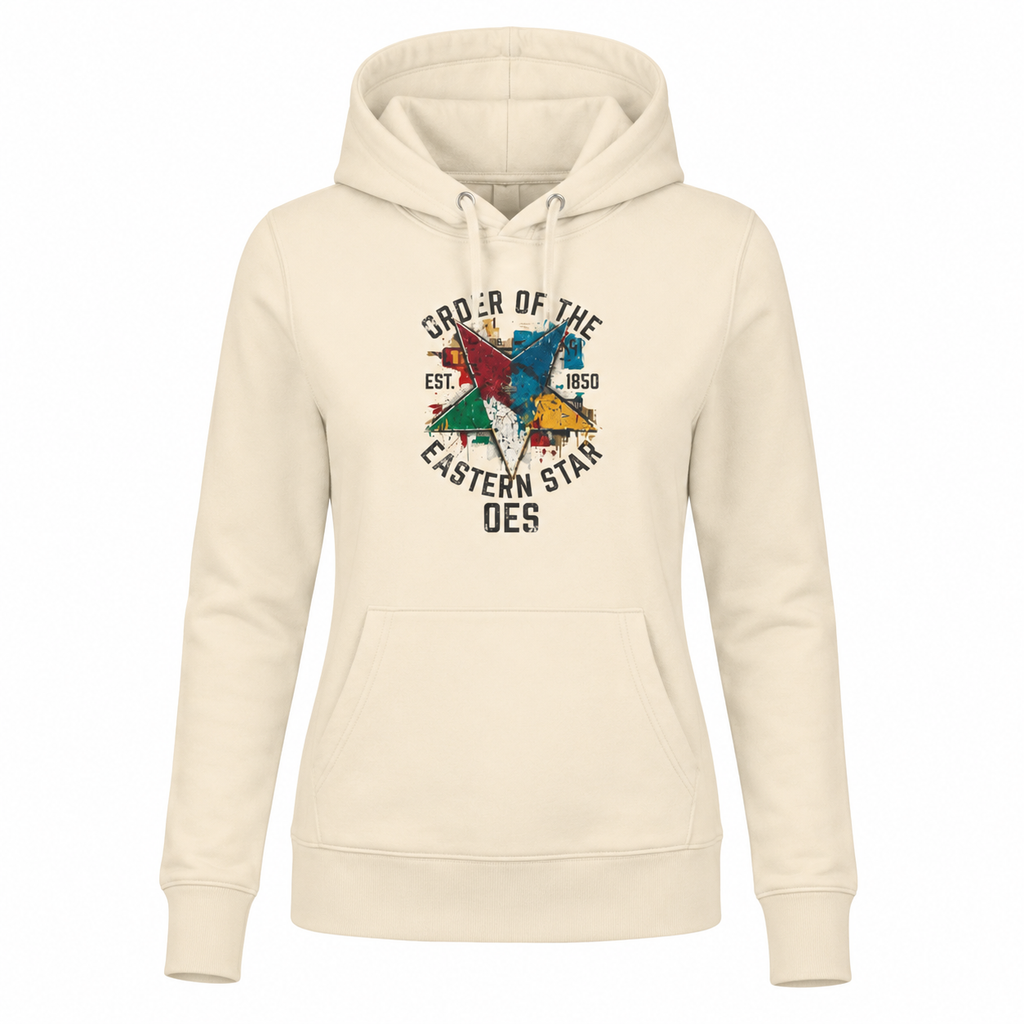 Beige hoodie with colorful graphic design on a white background
