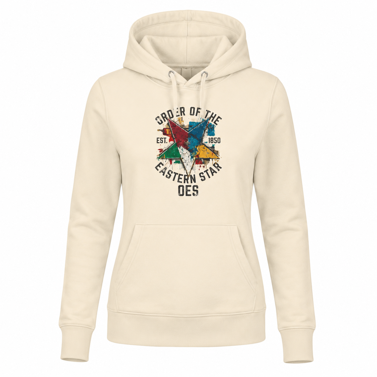Beige hoodie with colorful graphic design on a white background
