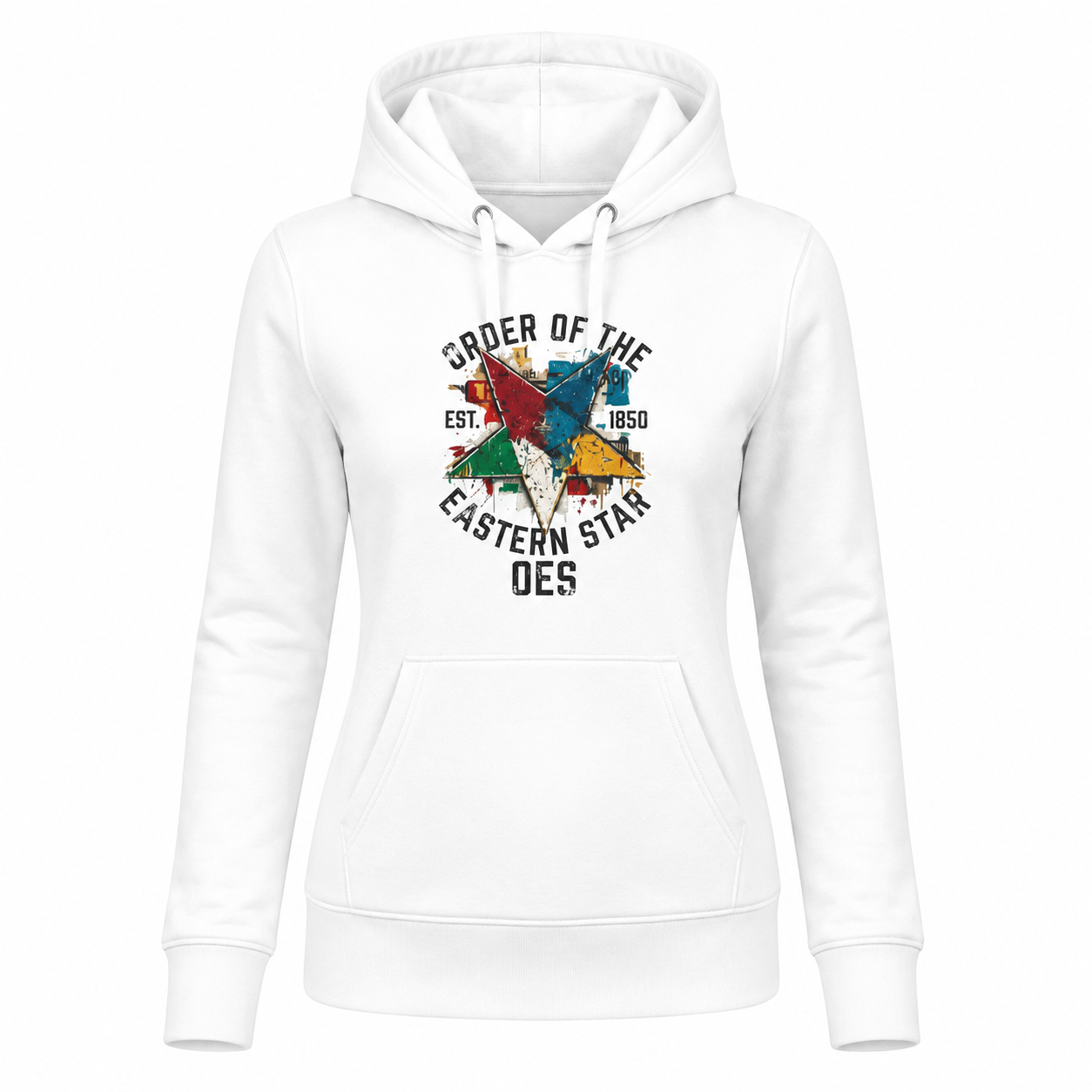 White hoodie with colorful graphic design on a white background