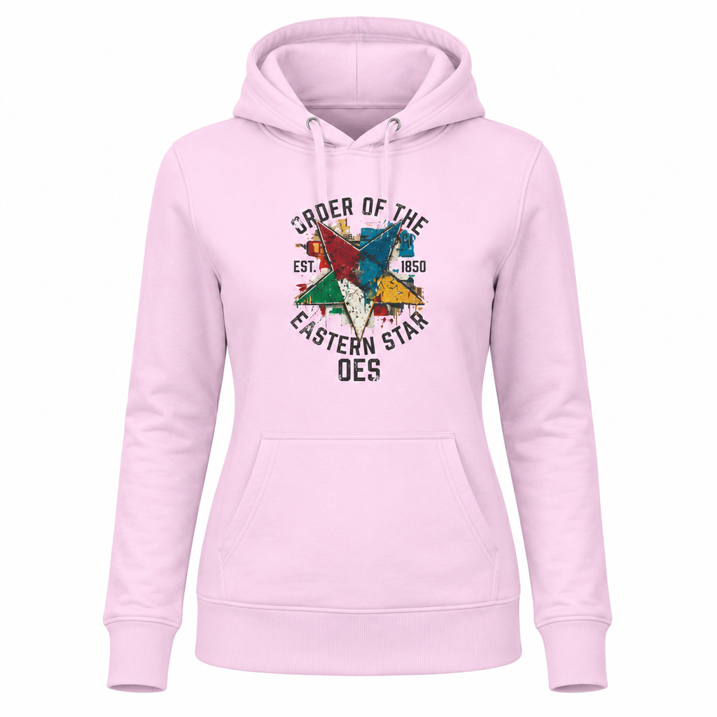 Pink hoodie with colorful graphic and text on a white background